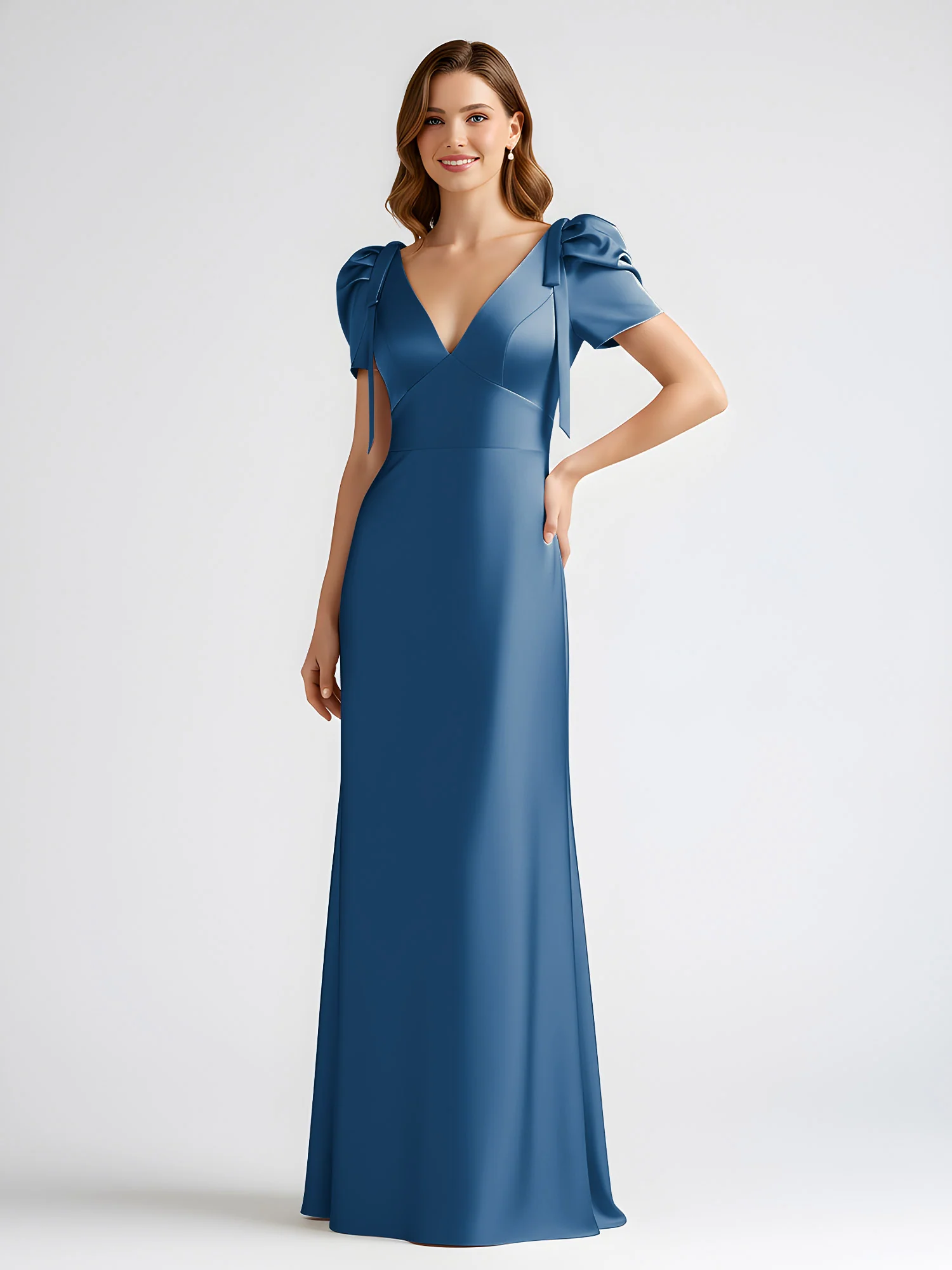 Bow-Detail Short Sleeve Satin Column Maxi Dress Ink Blue - Image 3