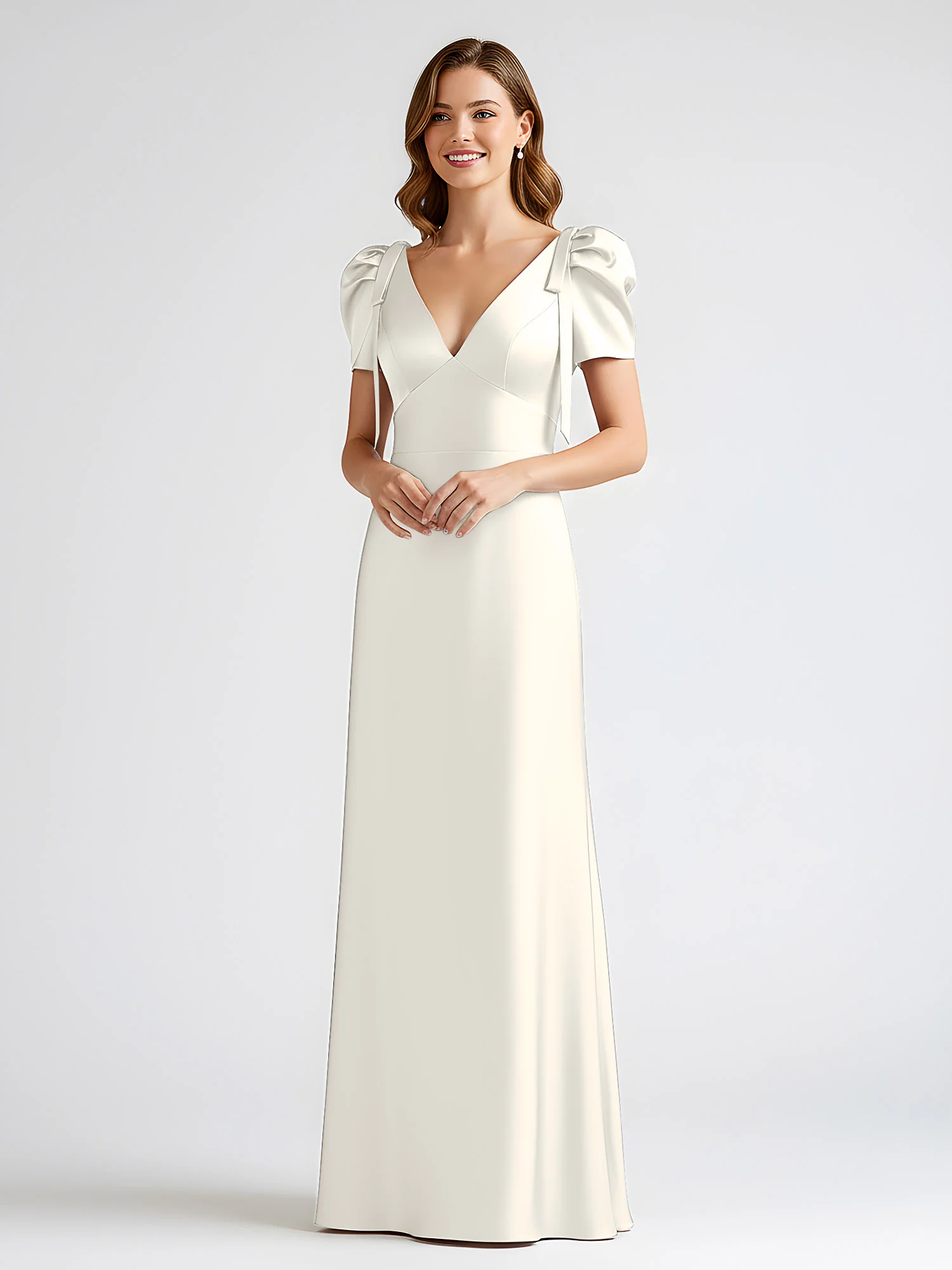Bow-Detail Short Sleeve Satin Column Maxi Dress Ivory