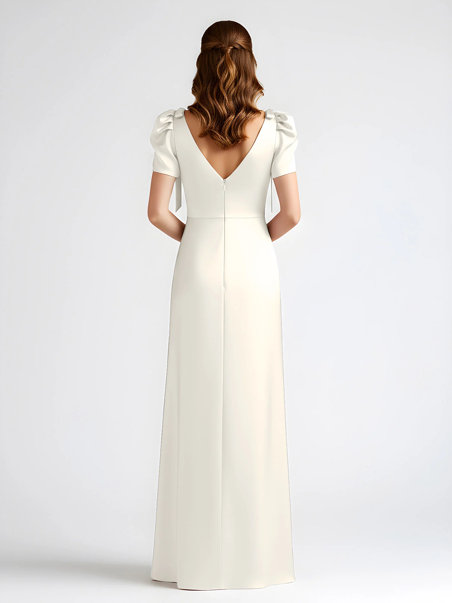 Bow-Detail Short Sleeve Satin Column Maxi Dress Ivory - Image 2