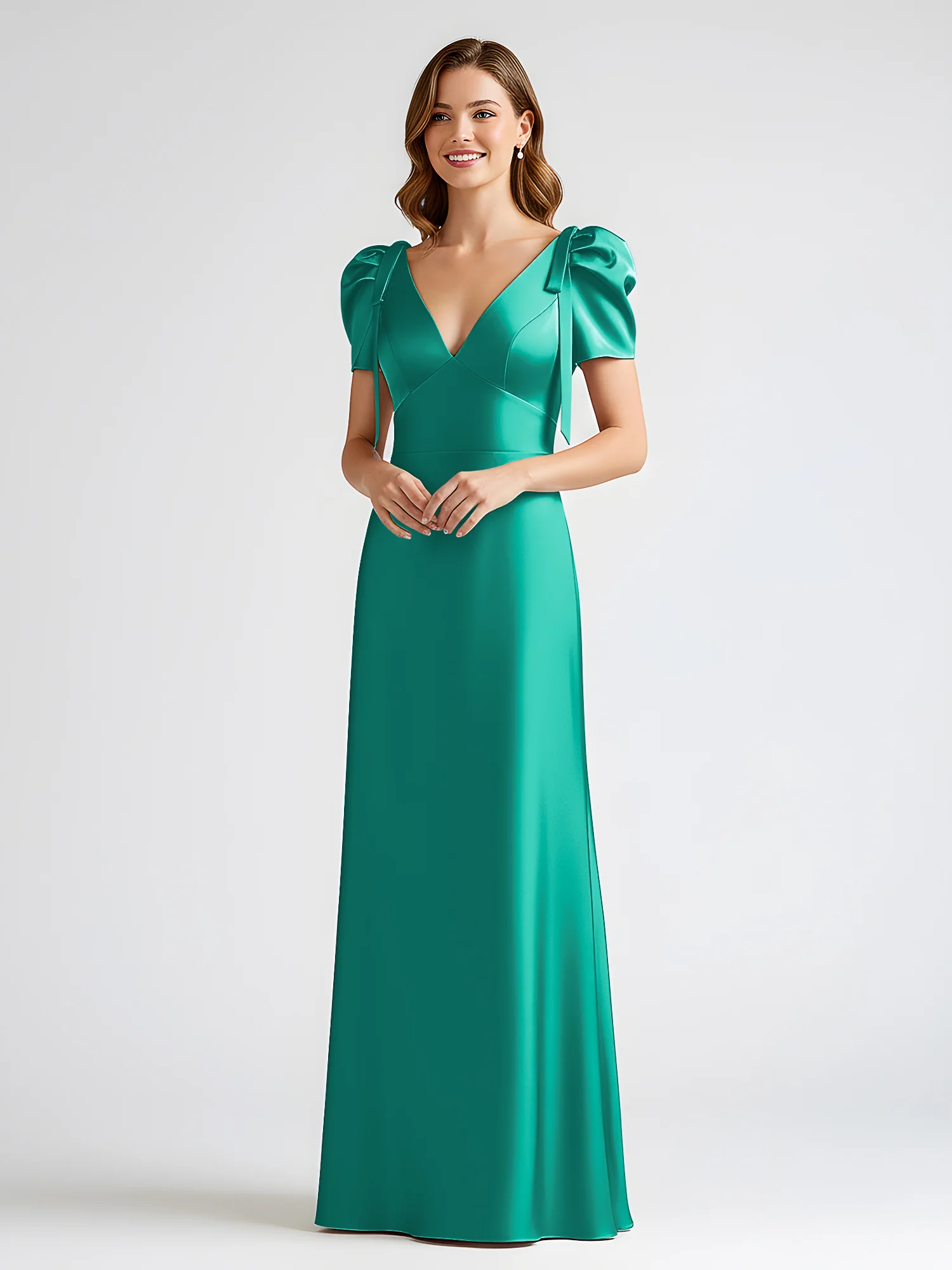 Bow-Detail Short Sleeve Satin Column Maxi Dress Jade