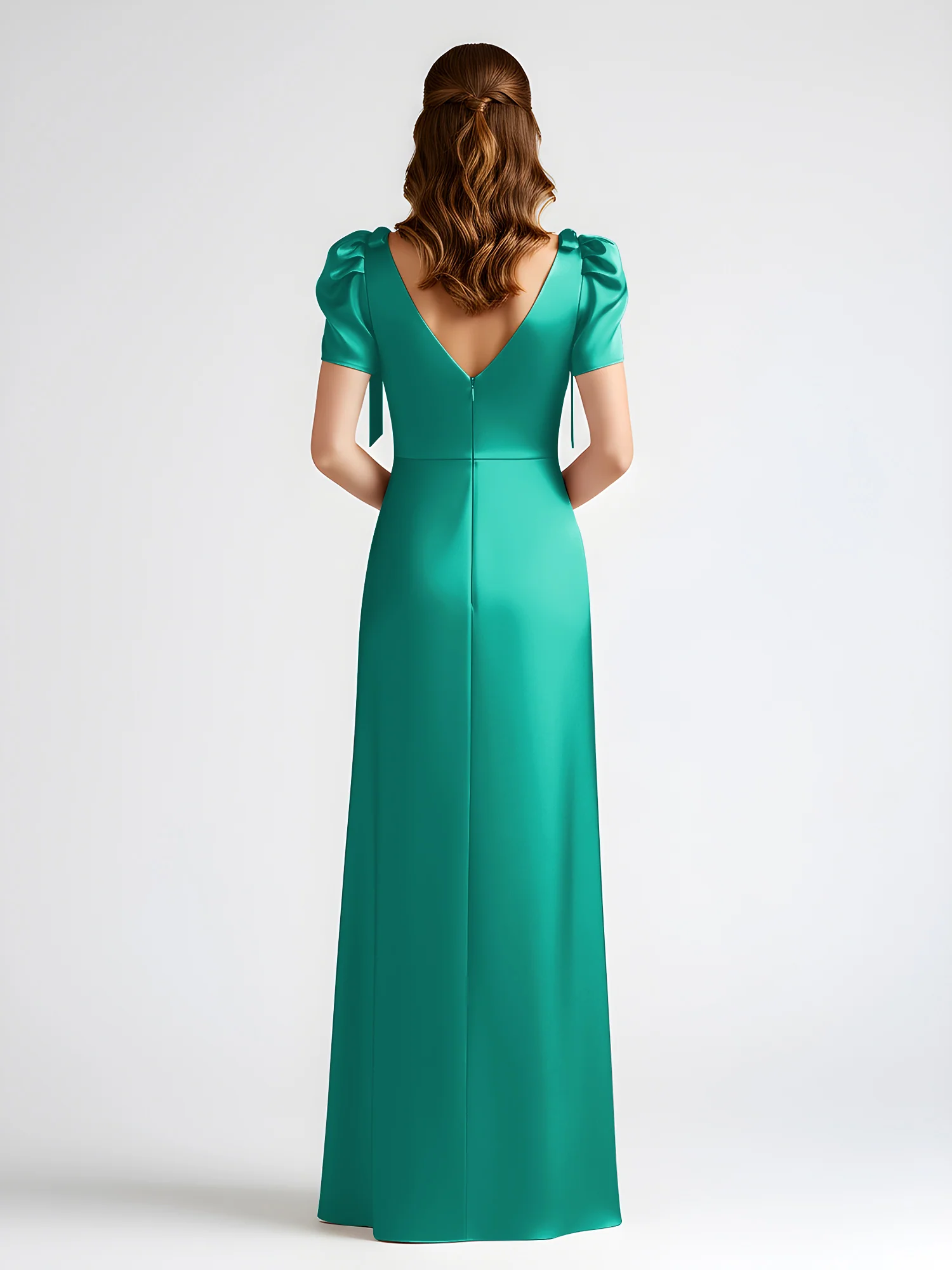 Bow-Detail Short Sleeve Satin Column Maxi Dress Jade - Image 2