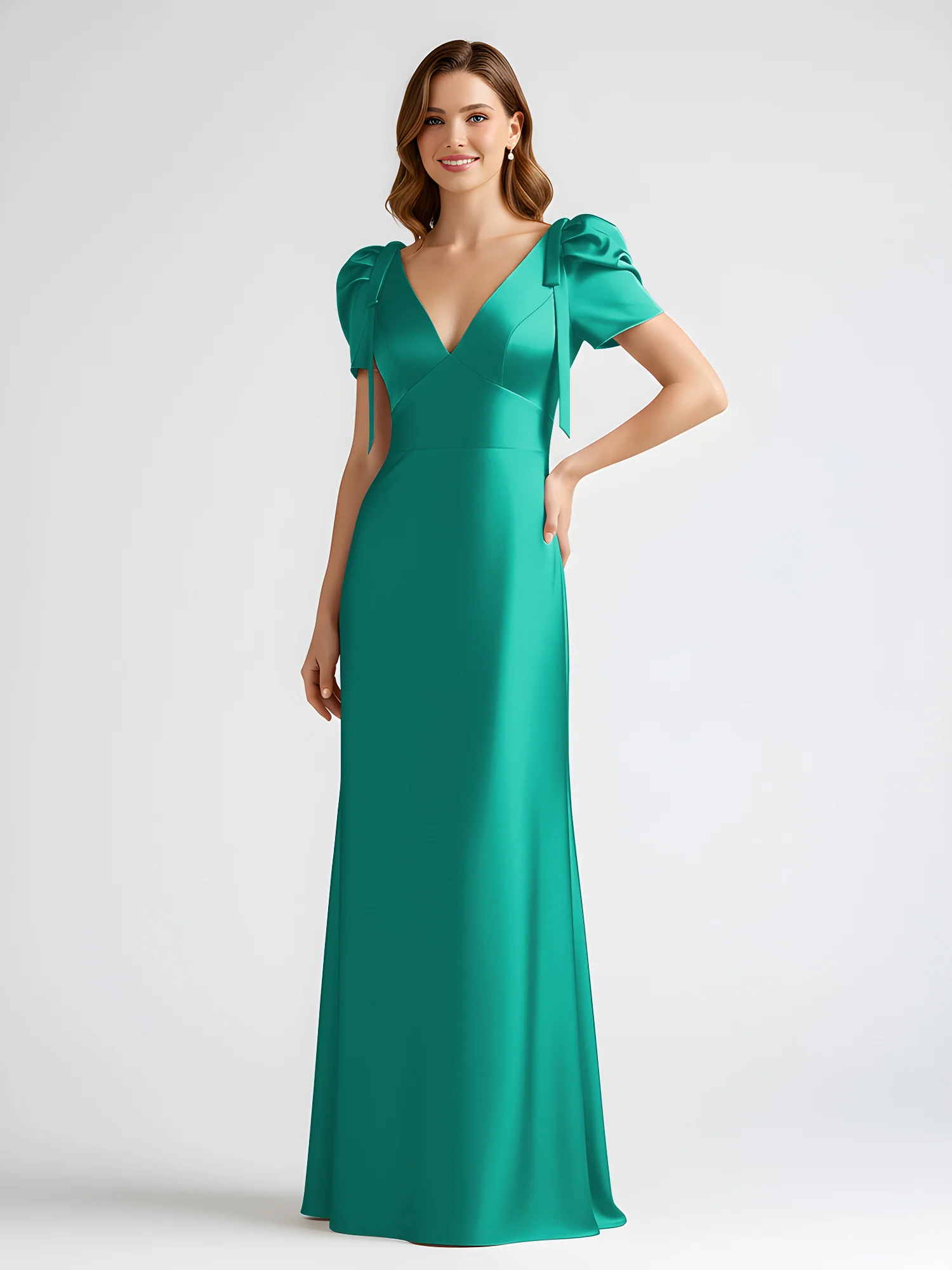 Bow-Detail Short Sleeve Satin Column Maxi Dress Jade - Image 3