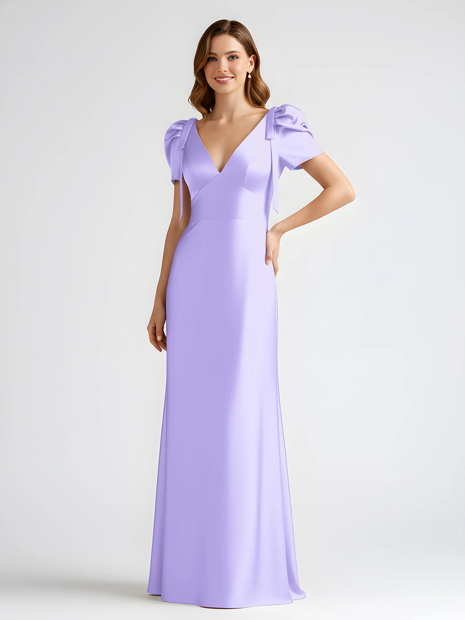 Bow-Detail Short Sleeve Satin Column Maxi Dress Lilac - Image 3