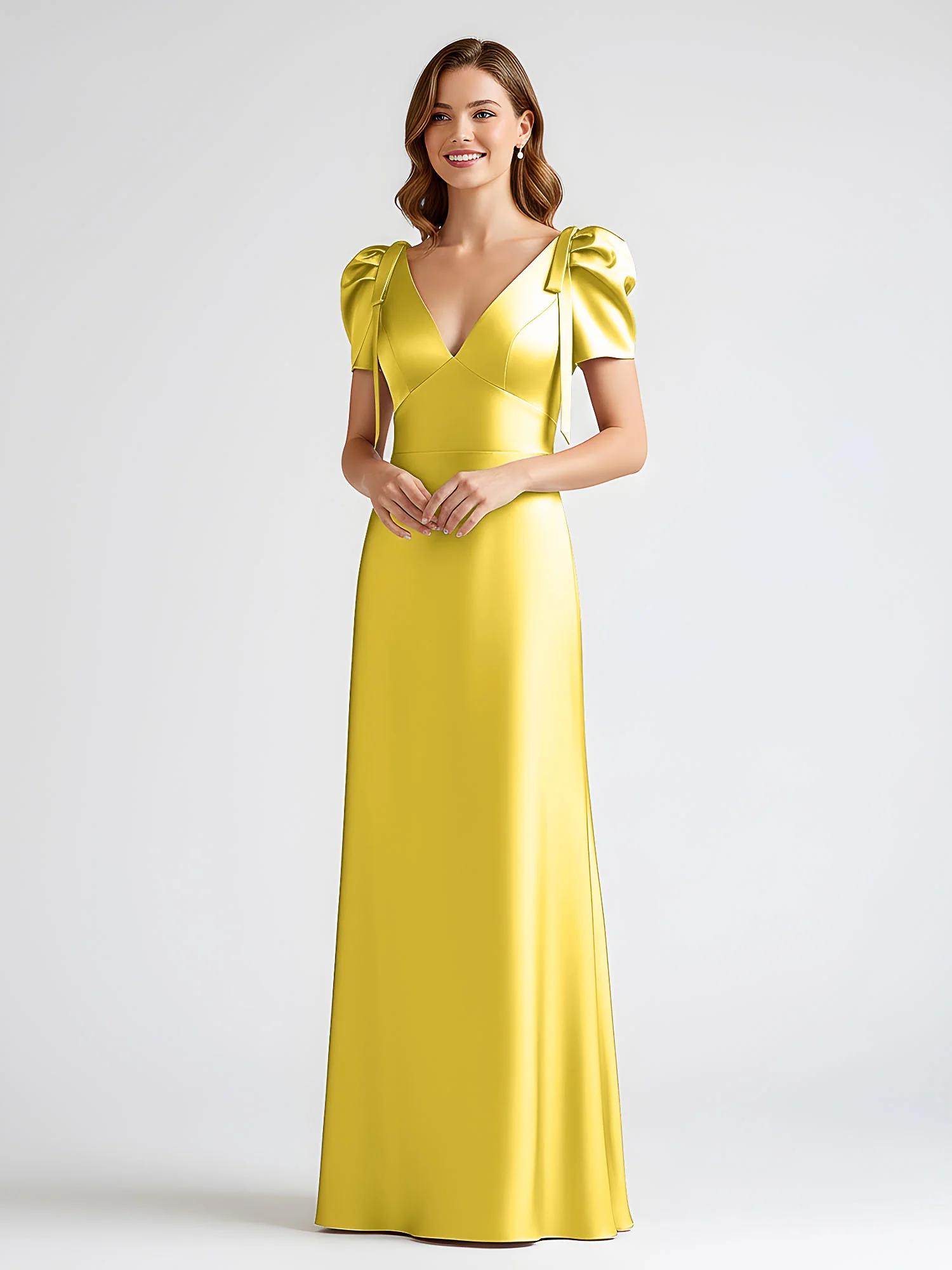 Bow-Detail Short Sleeve Satin Column Maxi Dress Marigold