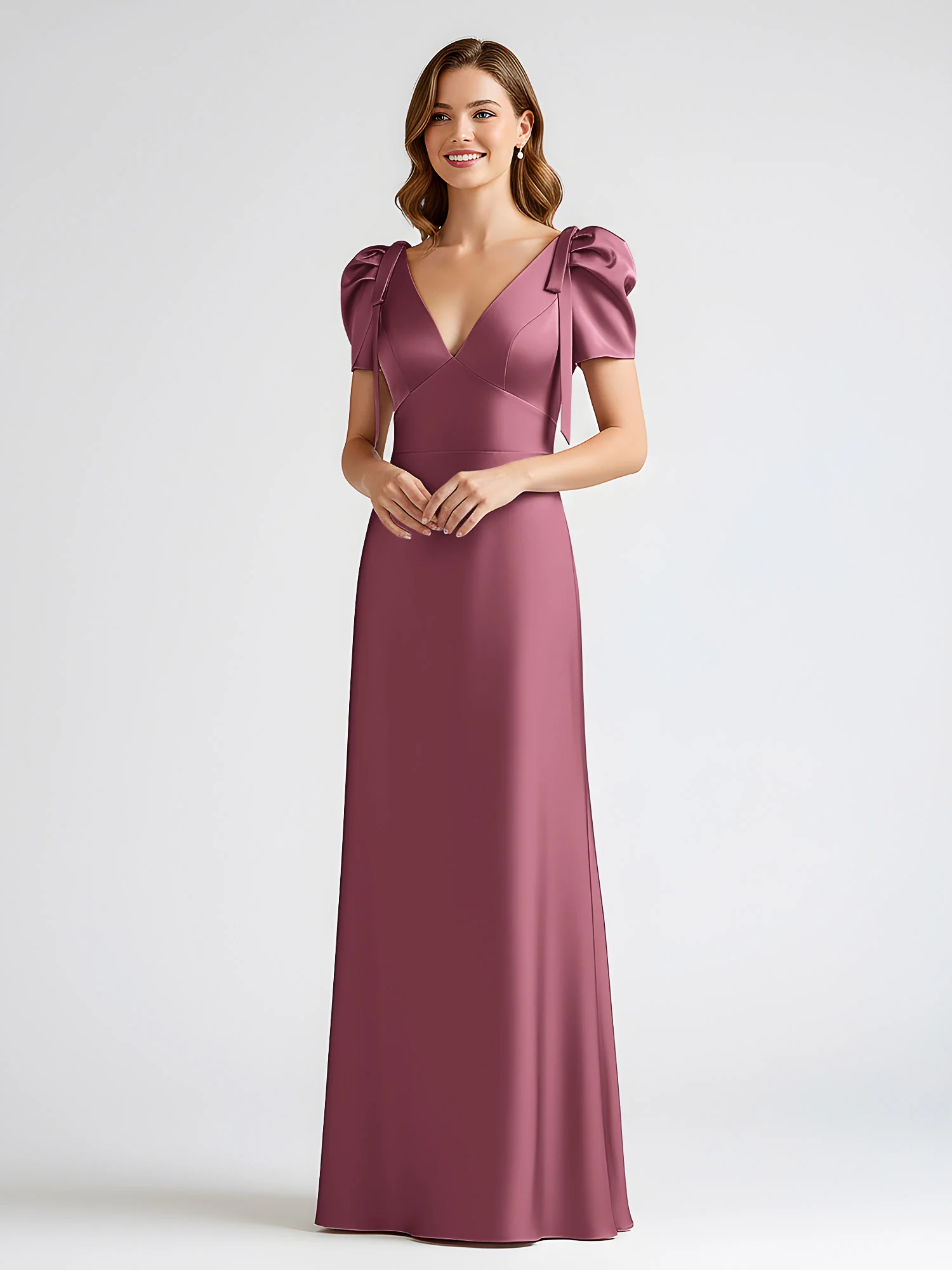 Bow-Detail Short Sleeve Satin Column Maxi Dress Mulberry