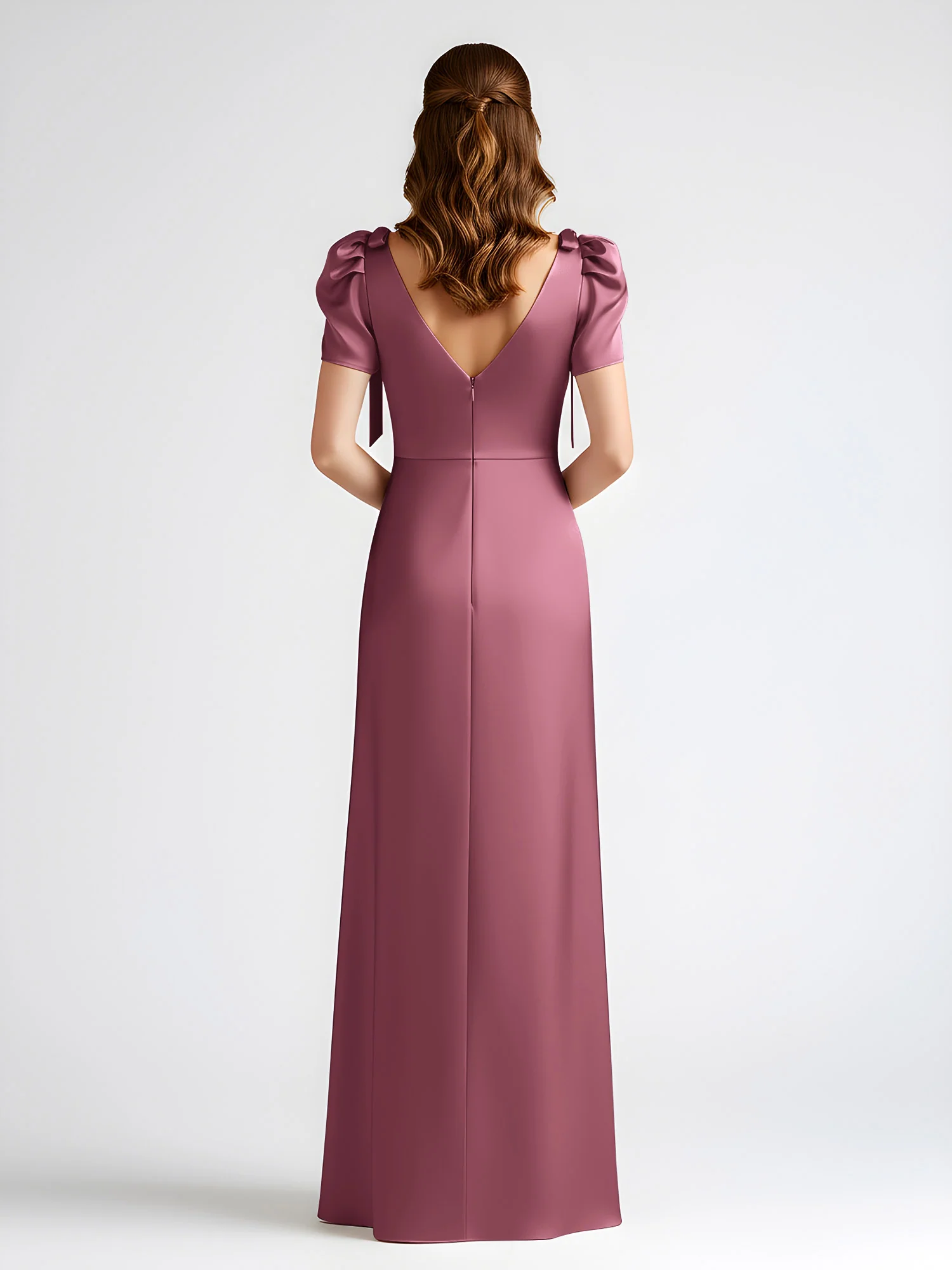 Bow-Detail Short Sleeve Satin Column Maxi Dress Mulberry - Image 2