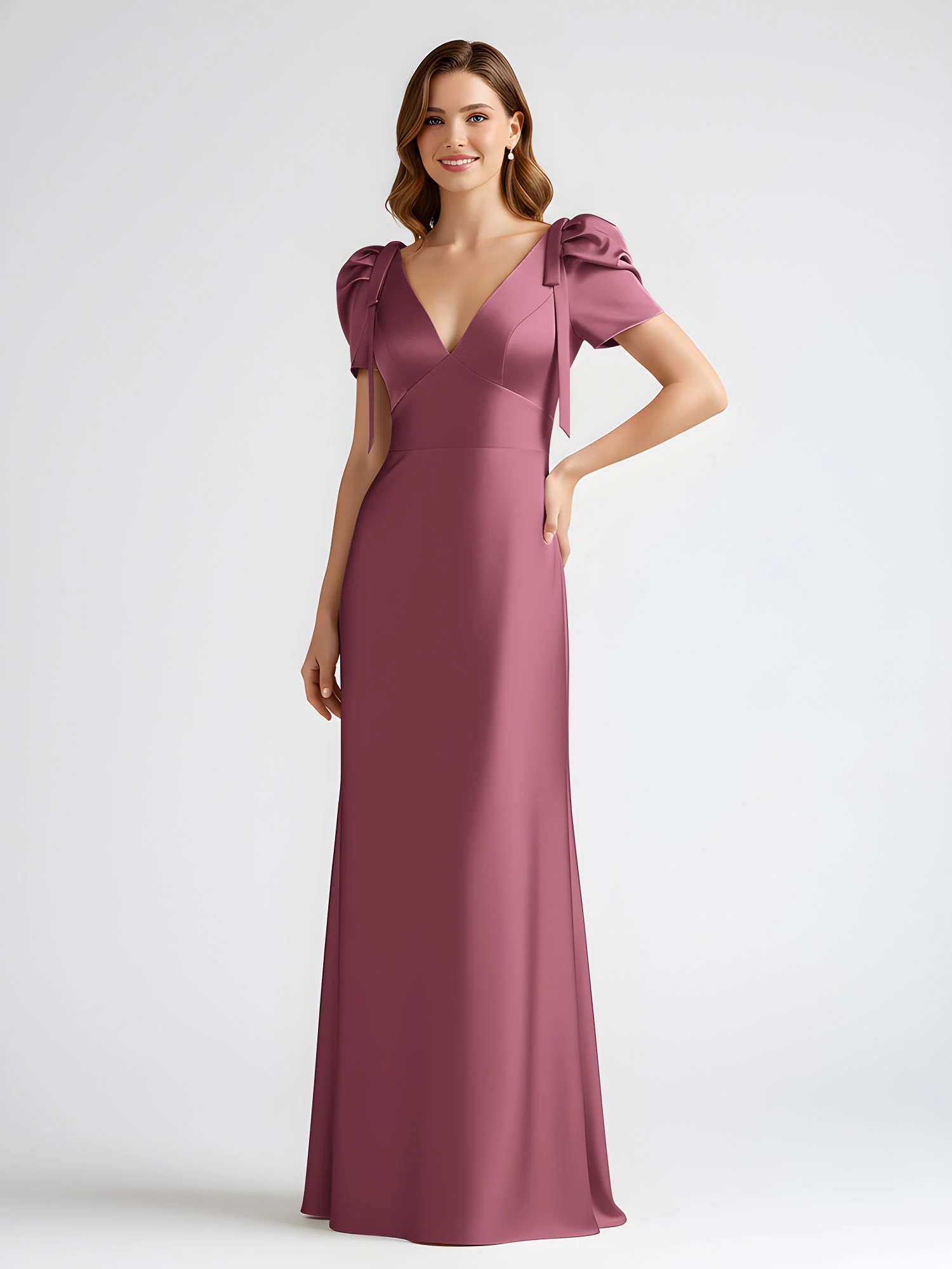 Bow-Detail Short Sleeve Satin Column Maxi Dress Mulberry - Image 3