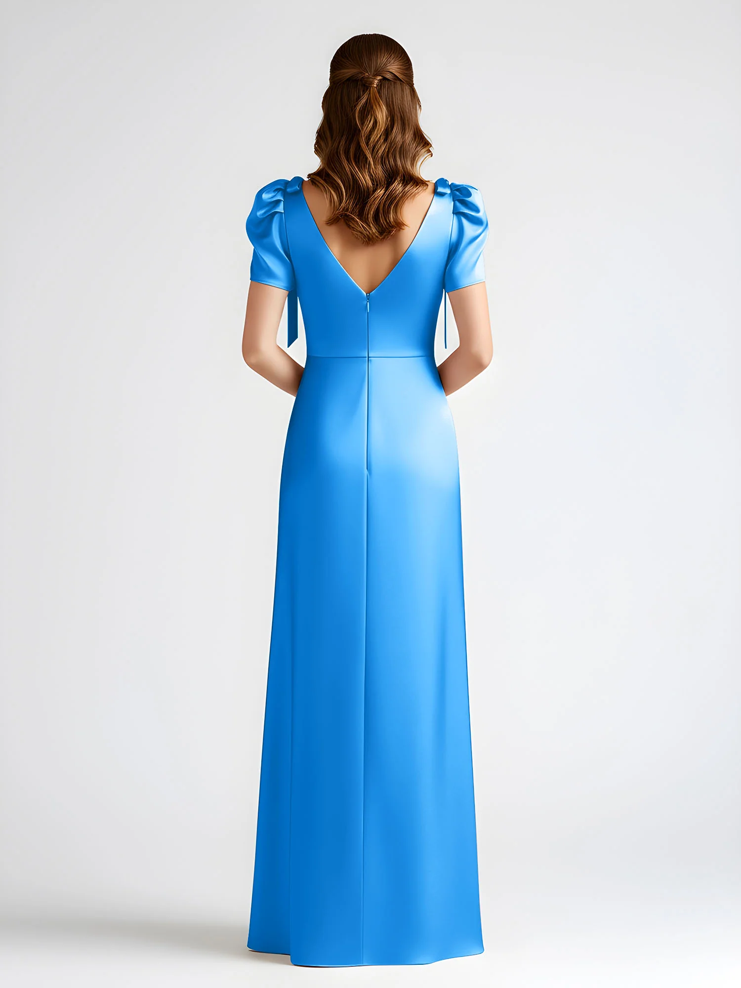 Bow-Detail Short Sleeve Satin Column Maxi Dress Ocean Blue - Image 2