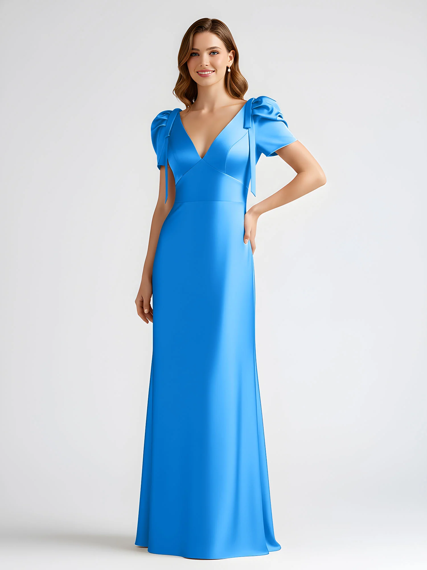 Bow-Detail Short Sleeve Satin Column Maxi Dress Ocean Blue - Image 3