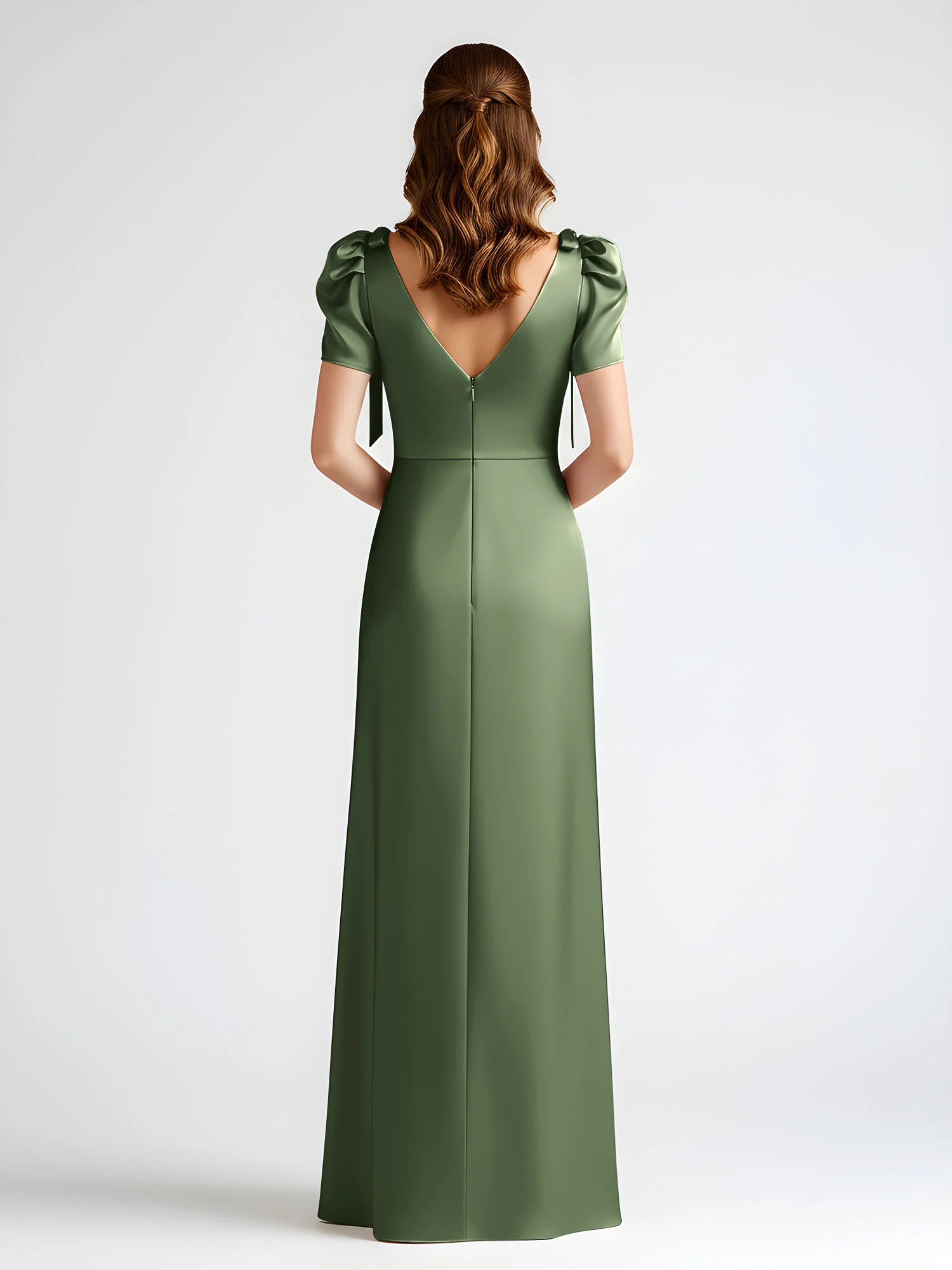 Bow-Detail Short Sleeve Satin Column Maxi Dress Olive Green - Image 2