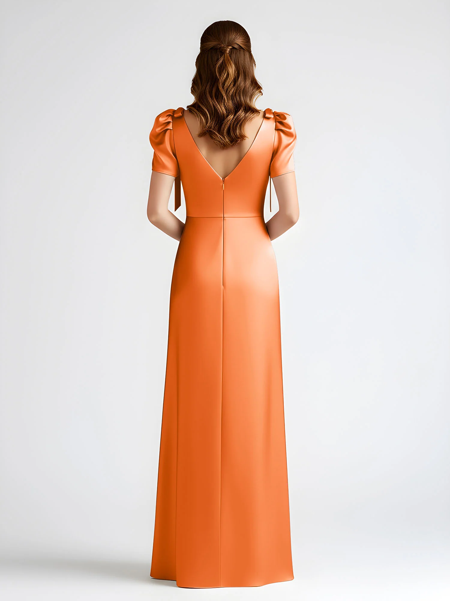 Bow-Detail Short Sleeve Satin Column Maxi Dress Orange - Image 2