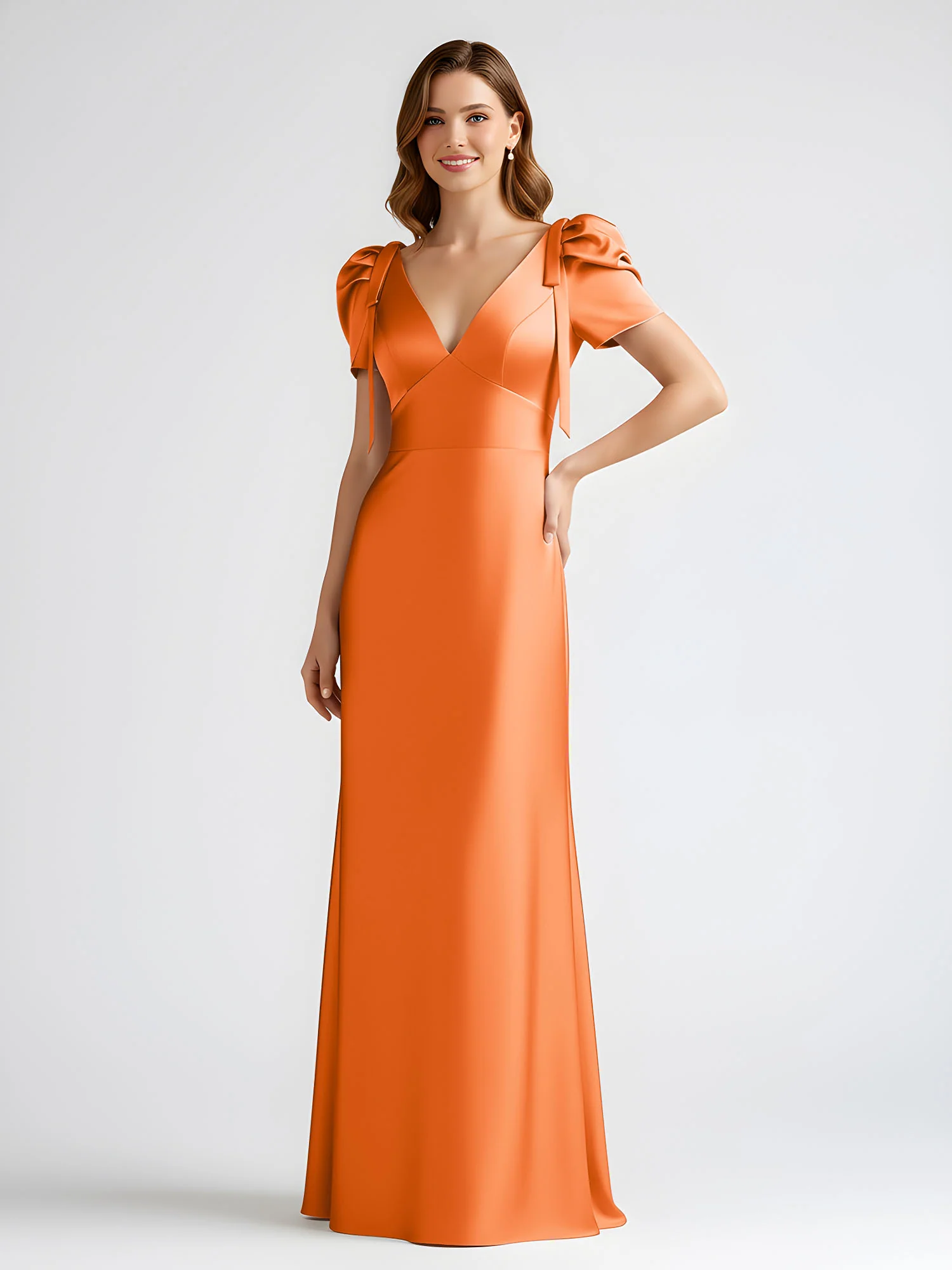Bow-Detail Short Sleeve Satin Column Maxi Dress Orange - Image 3