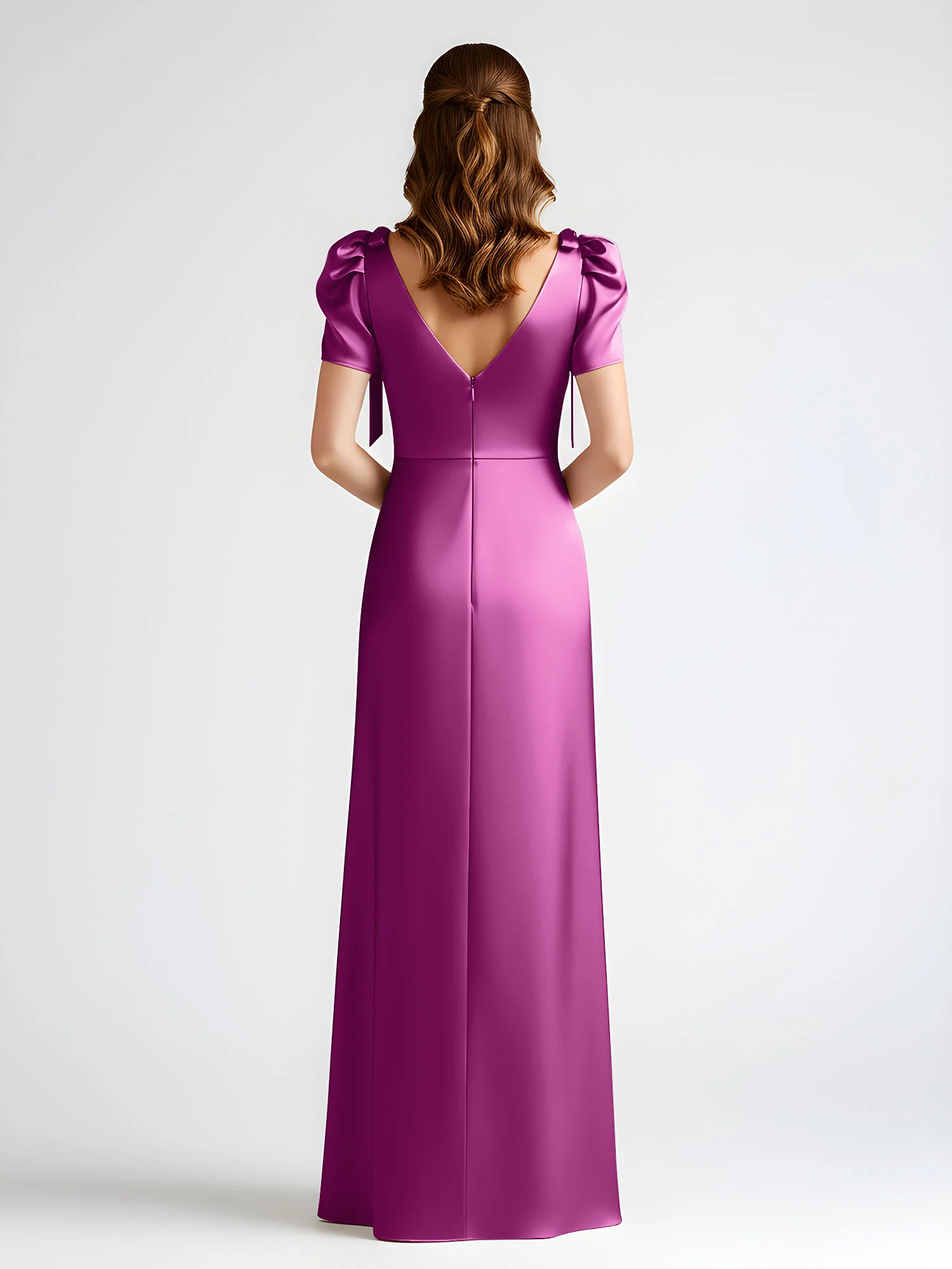 Bow-Detail Short Sleeve Satin Column Maxi Dress Orchid - Image 2