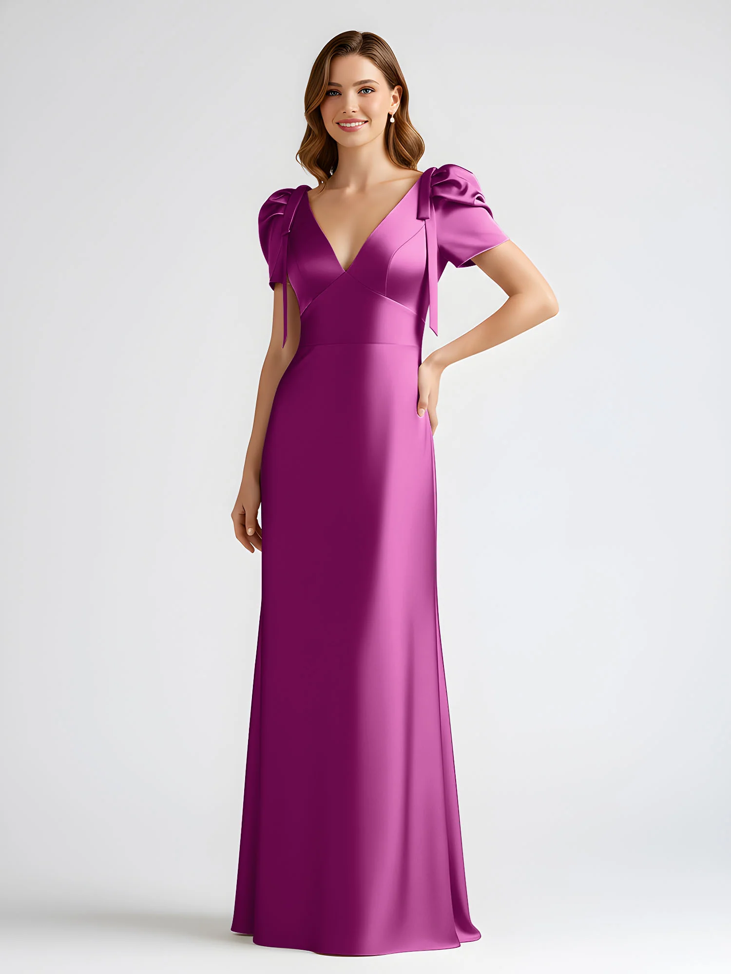 Bow-Detail Short Sleeve Satin Column Maxi Dress Orchid - Image 3