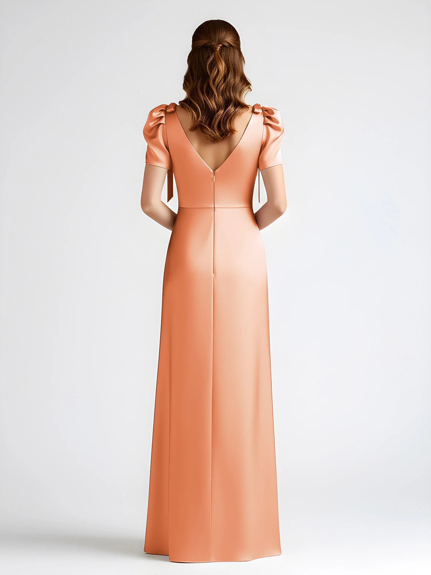 Bow-Detail Short Sleeve Satin Column Maxi Dress Papaya - Image 2