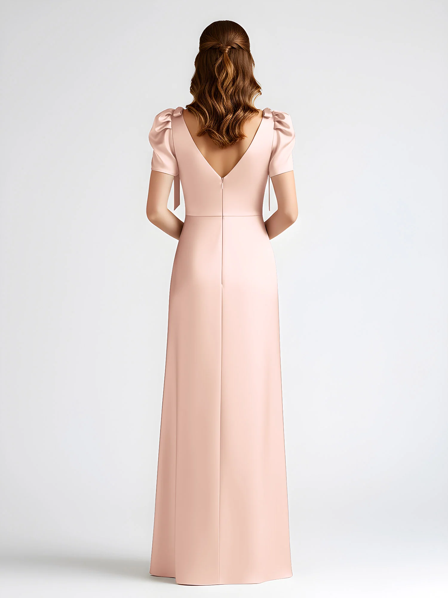 Bow-Detail Short Sleeve Satin Column Maxi Dress Pearl Pink - Image 2