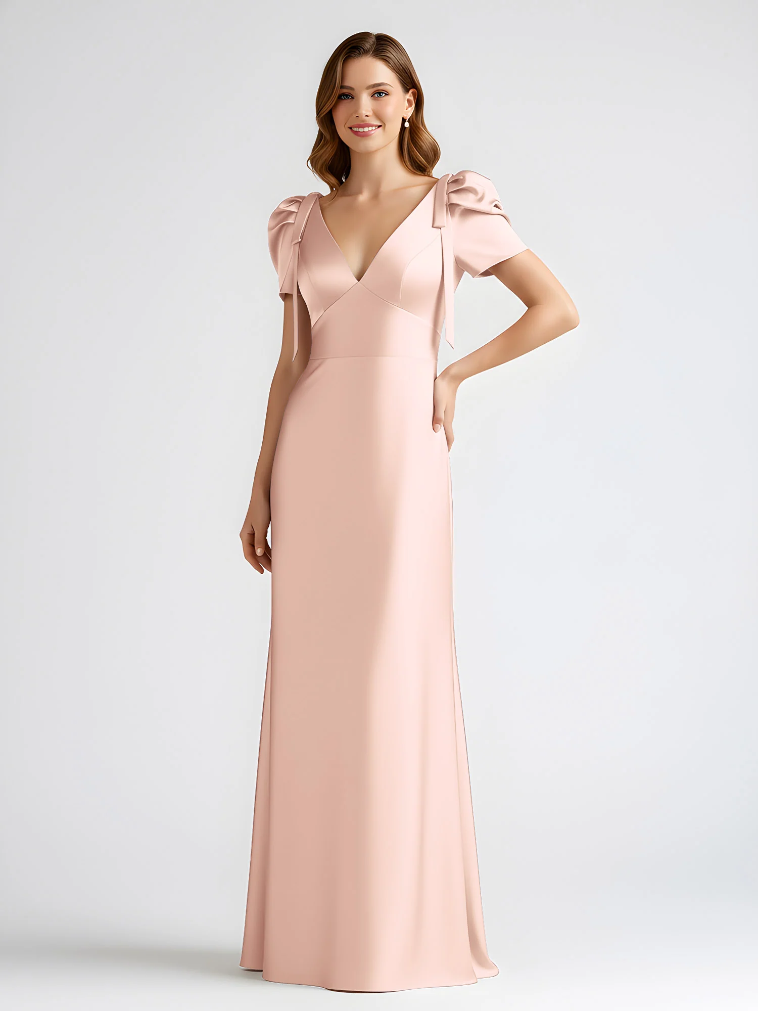 Bow-Detail Short Sleeve Satin Column Maxi Dress Pearl Pink - Image 3