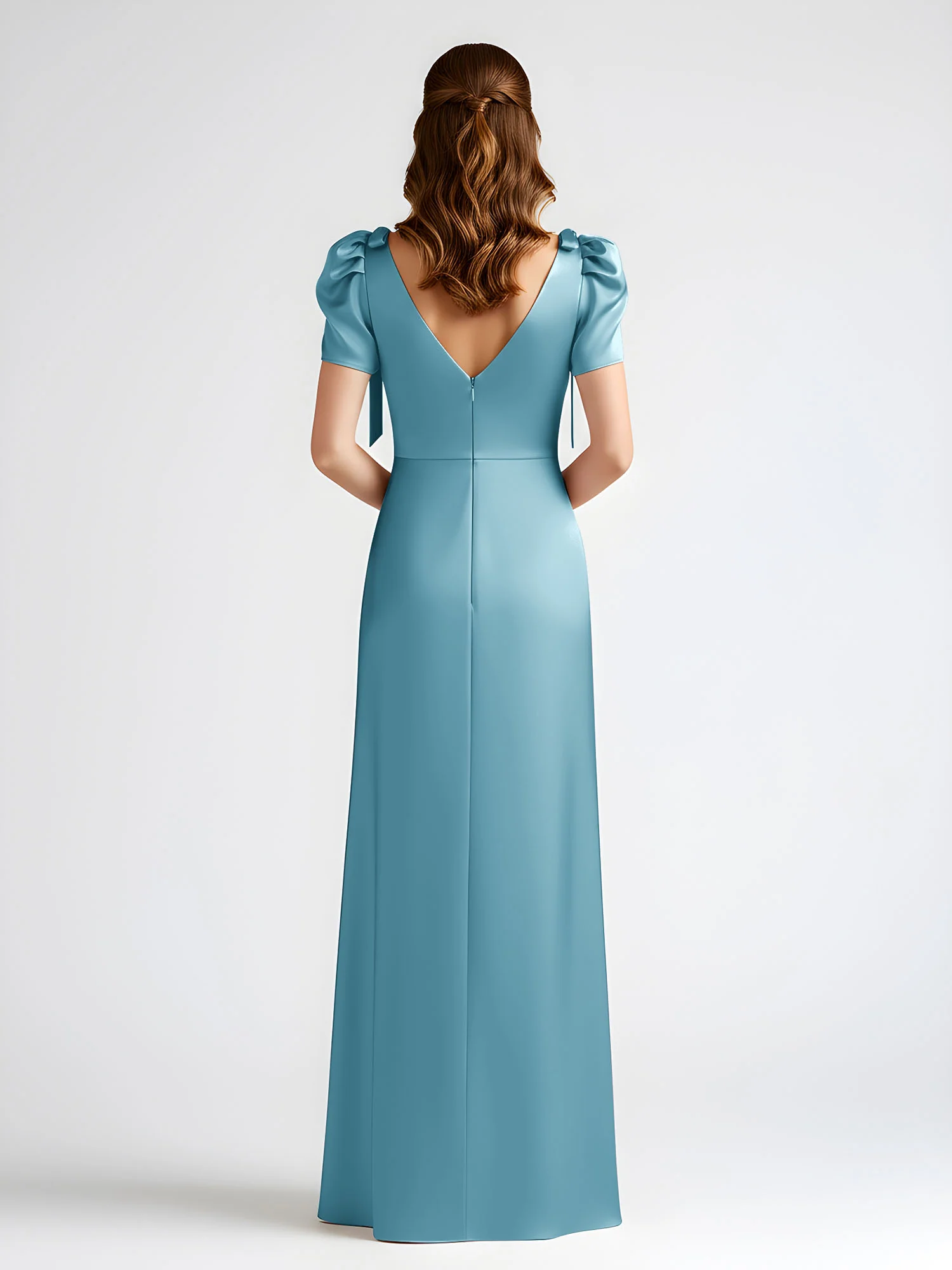 Bow-Detail Short Sleeve Satin Column Maxi Dress Pool - Image 2