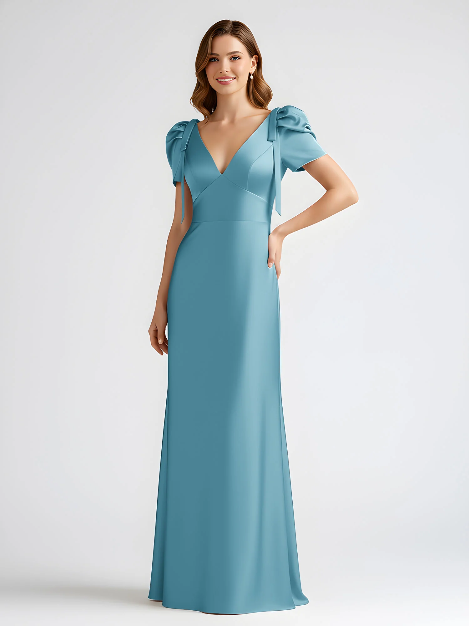 Bow-Detail Short Sleeve Satin Column Maxi Dress Pool - Image 3