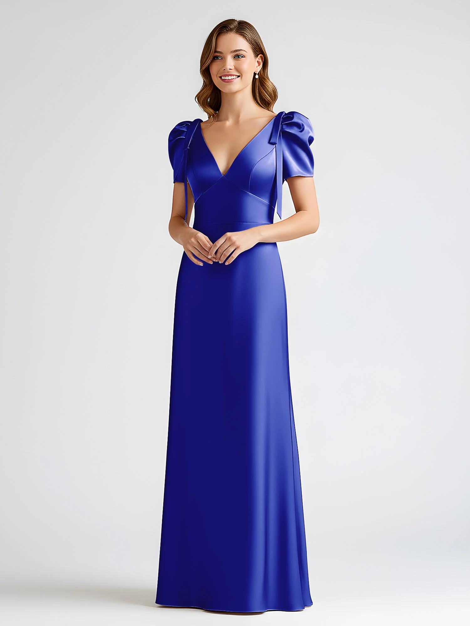 Bow-Detail Short Sleeve Satin Column Maxi Dress Royal Blue