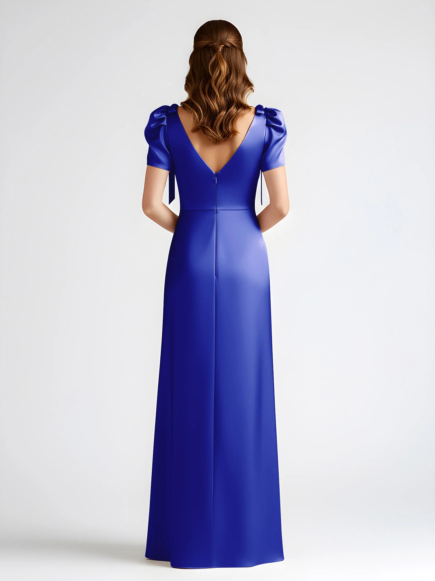 Bow-Detail Short Sleeve Satin Column Maxi Dress Royal Blue - Image 2