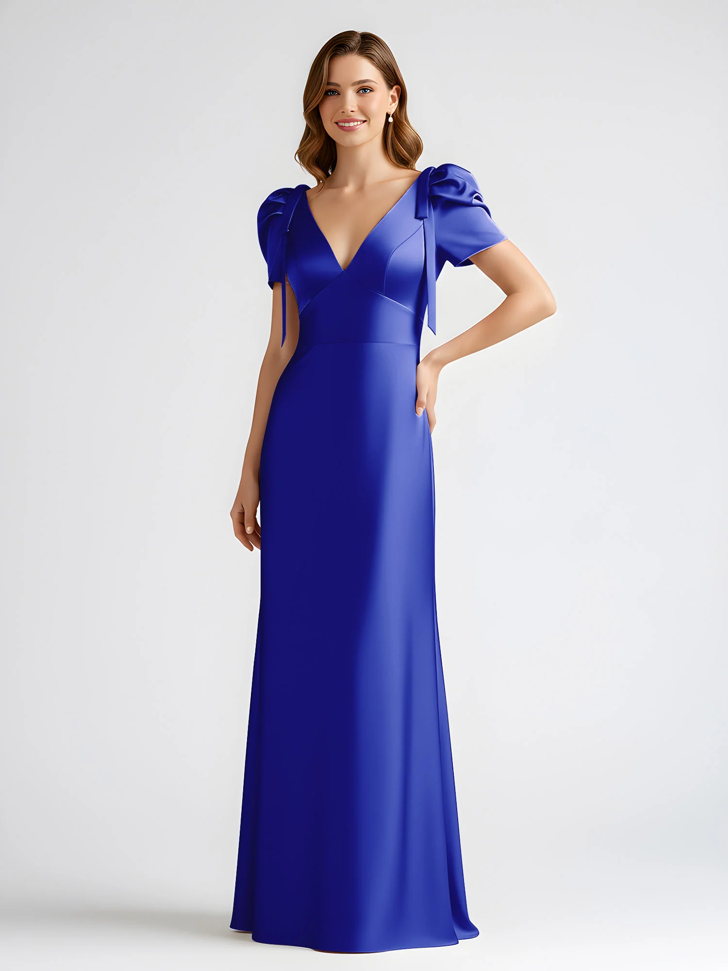 Bow-Detail Short Sleeve Satin Column Maxi Dress Royal Blue - Image 3