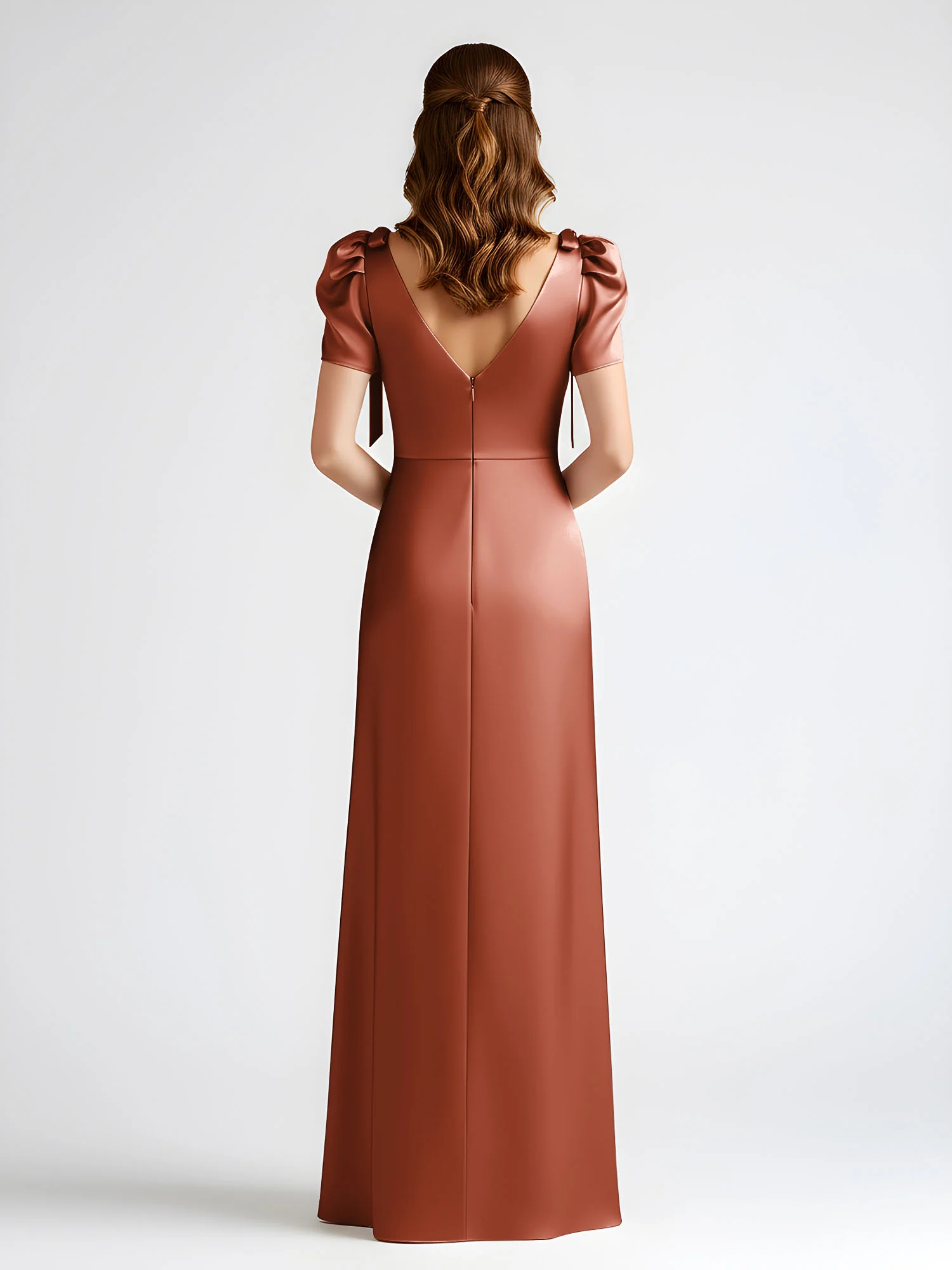 Bow-Detail Short Sleeve Satin Column Maxi Dress Rust - Image 2
