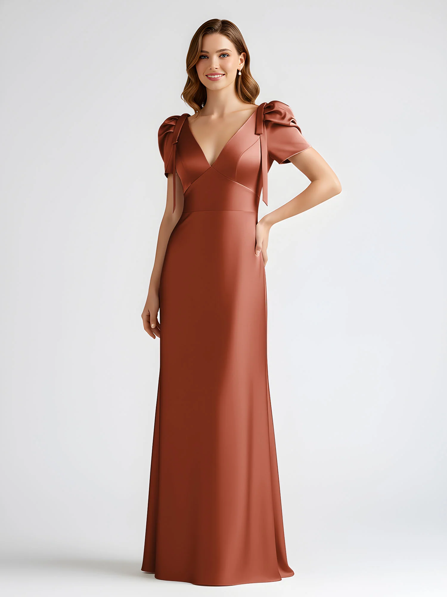 Bow-Detail Short Sleeve Satin Column Maxi Dress Rust - Image 3