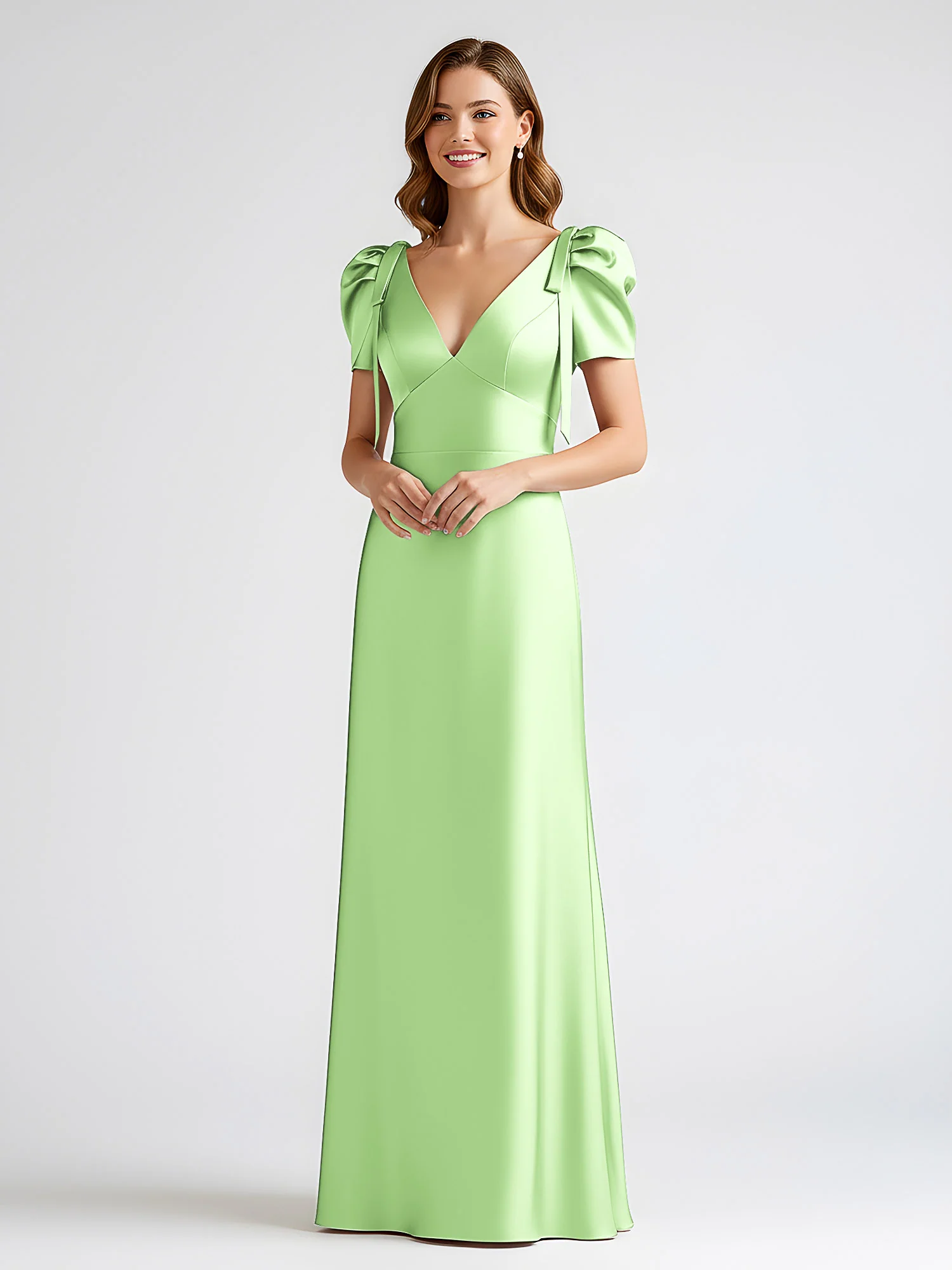 Bow-Detail Short Sleeve Satin Column Maxi Dress Sage