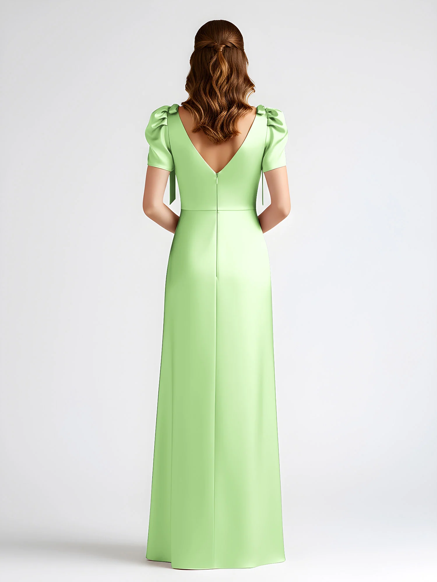 Bow-Detail Short Sleeve Satin Column Maxi Dress Sage - Image 2