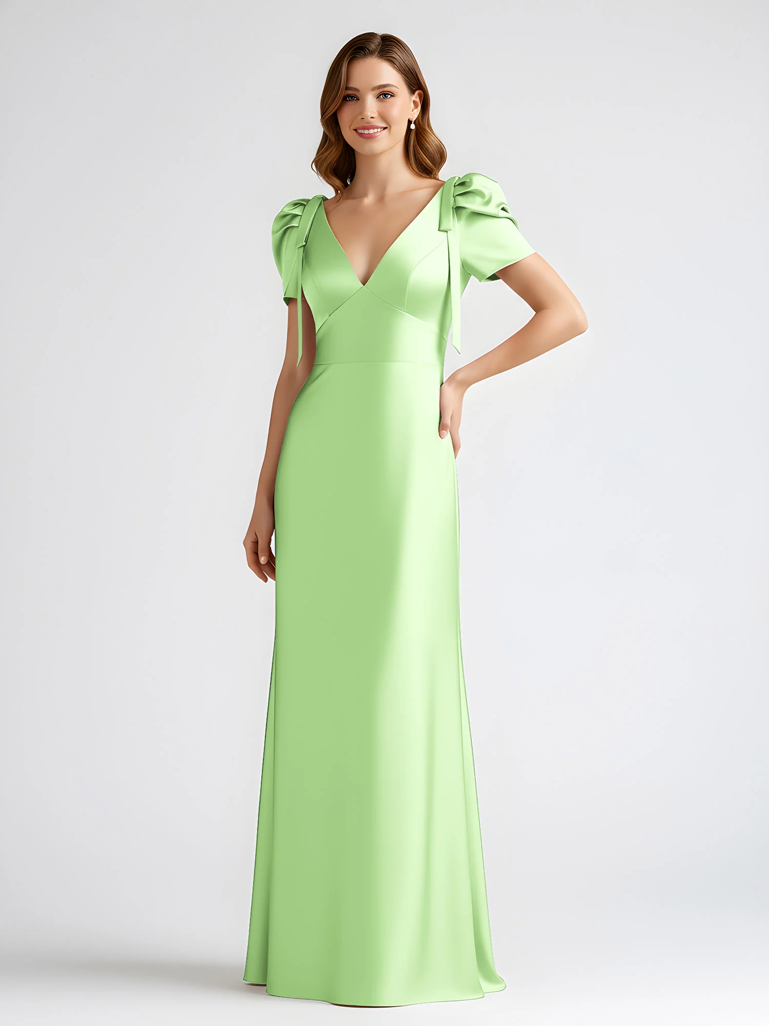 Bow-Detail Short Sleeve Satin Column Maxi Dress Sage - Image 3