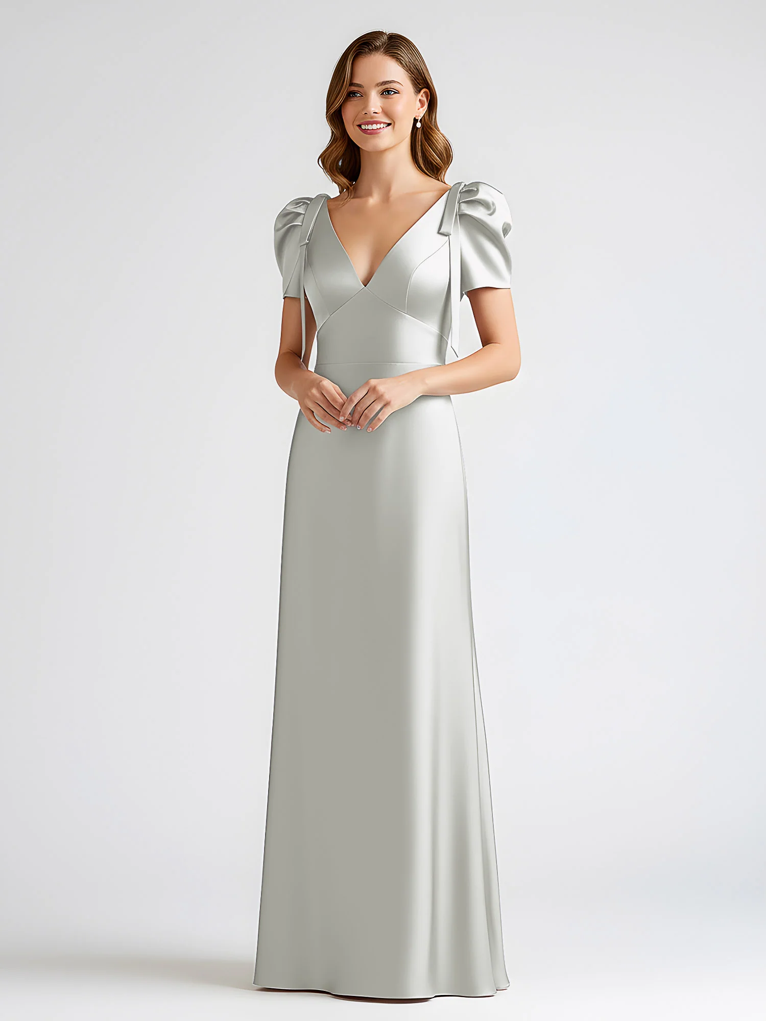Bow-Detail Short Sleeve Satin Column Maxi Dress Silver