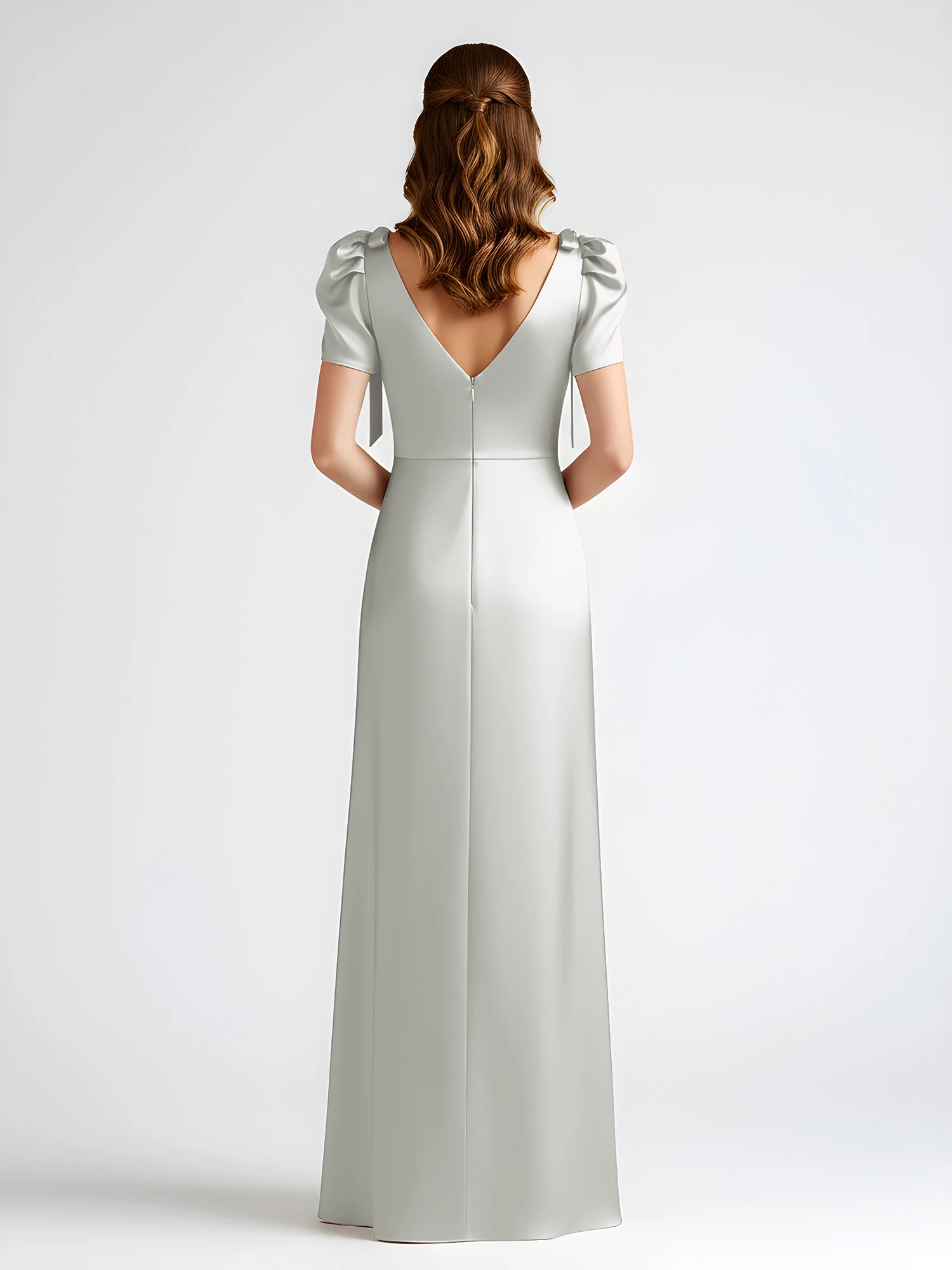 Bow-Detail Short Sleeve Satin Column Maxi Dress Silver - Image 2