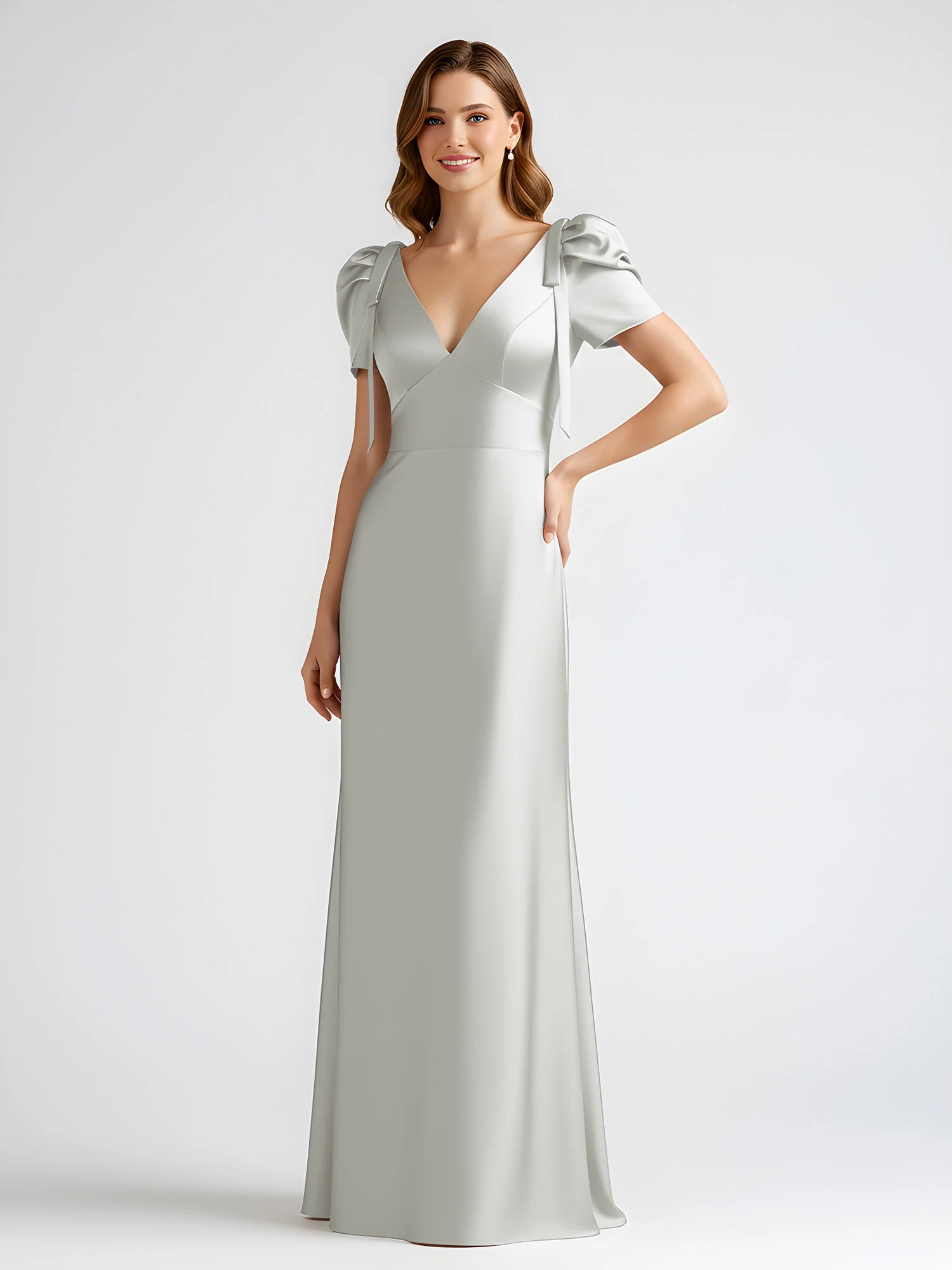 Bow-Detail Short Sleeve Satin Column Maxi Dress Silver - Image 3