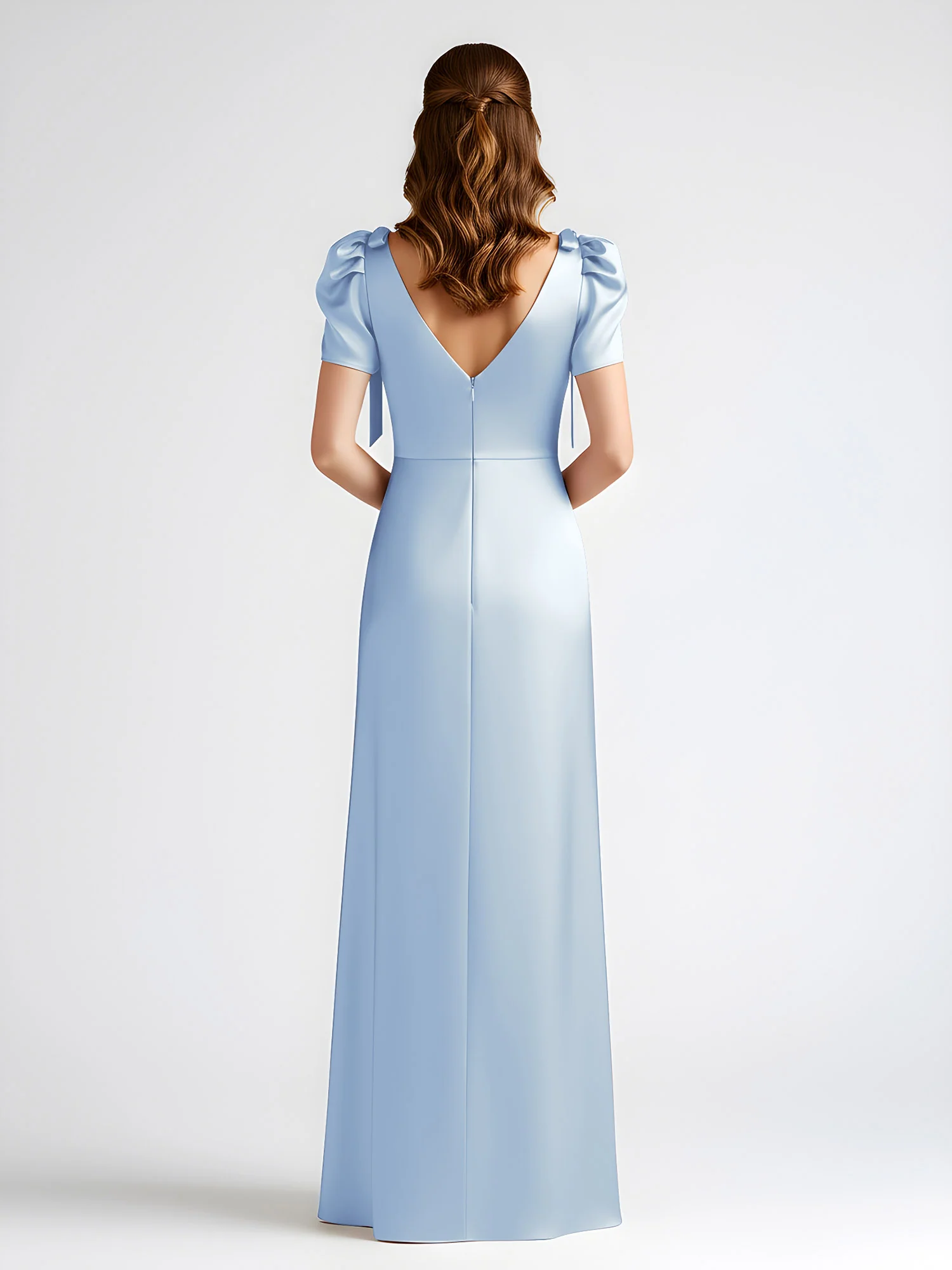 Bow-Detail Short Sleeve Satin Column Maxi Dress Sky Blue - Image 2