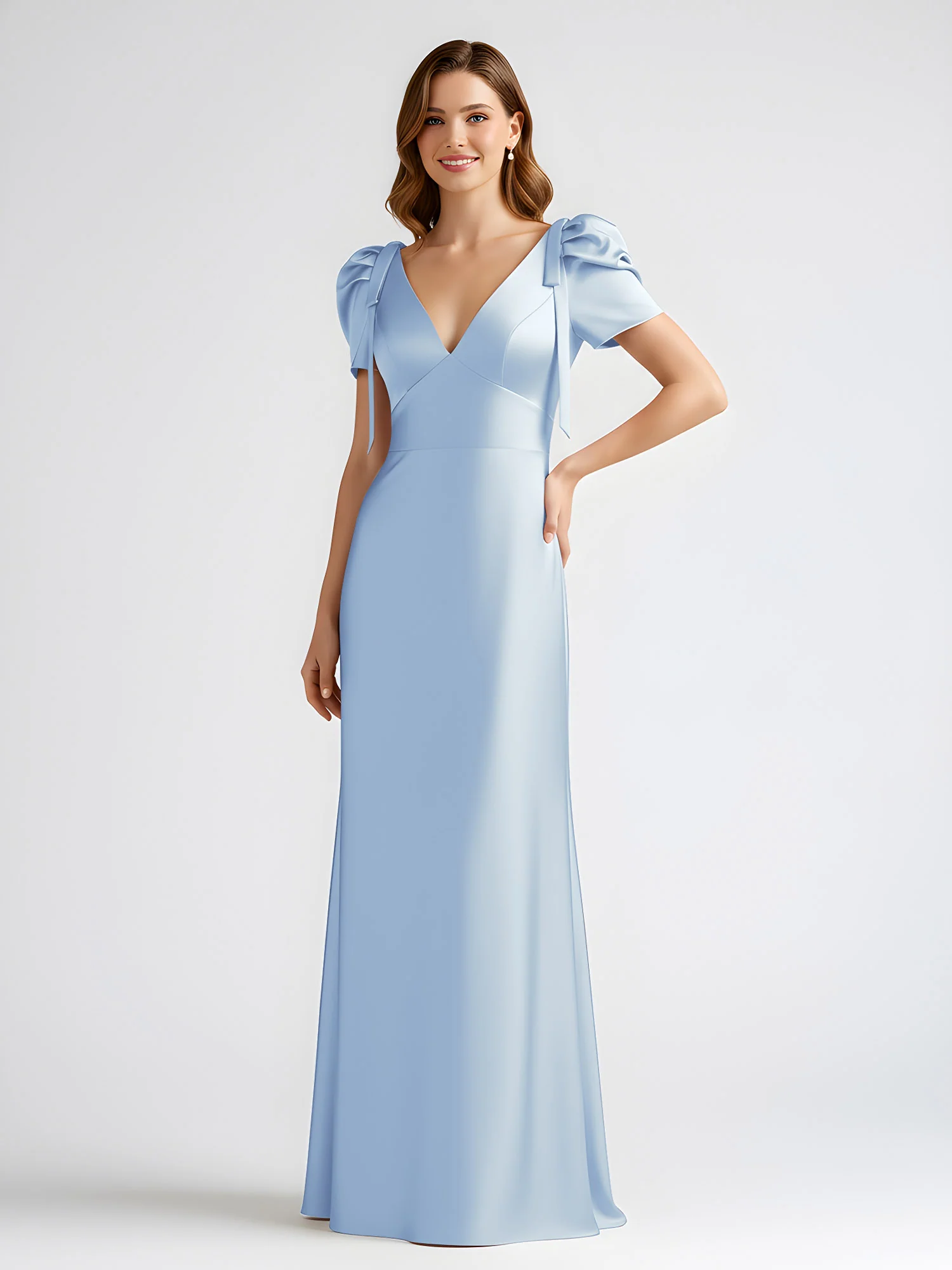 Bow-Detail Short Sleeve Satin Column Maxi Dress Sky Blue - Image 3