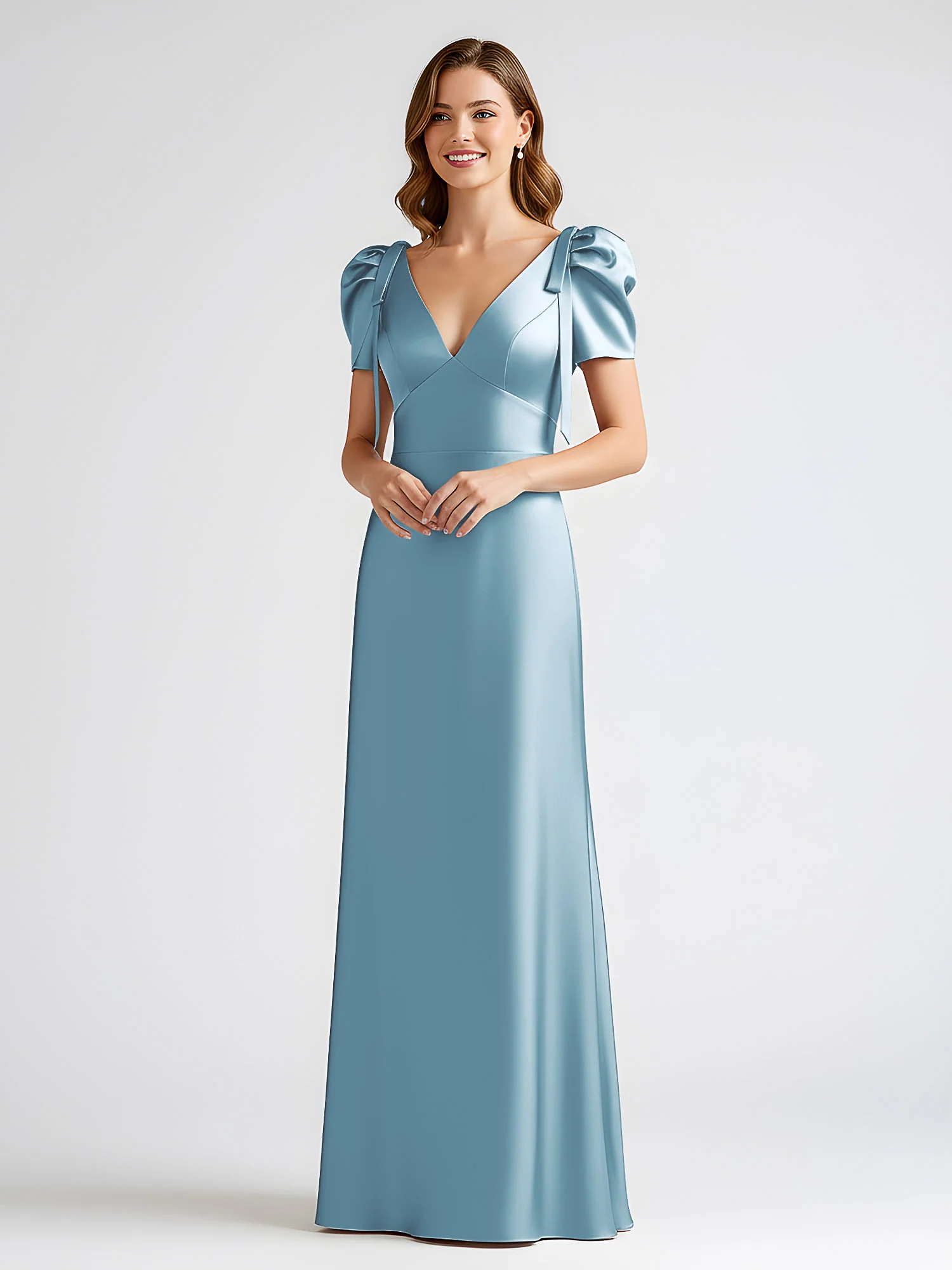 Bow-Detail Short Sleeve Satin Column Maxi Dress Slate Blue