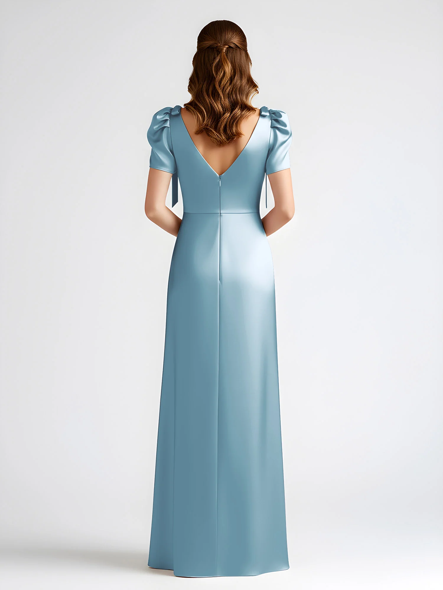 Bow-Detail Short Sleeve Satin Column Maxi Dress Slate Blue - Image 2