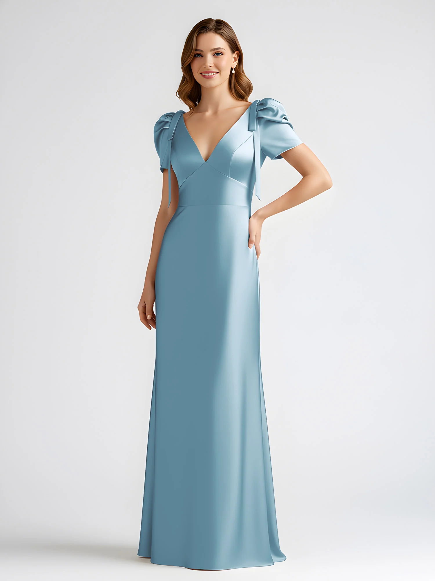 Bow-Detail Short Sleeve Satin Column Maxi Dress Slate Blue - Image 3