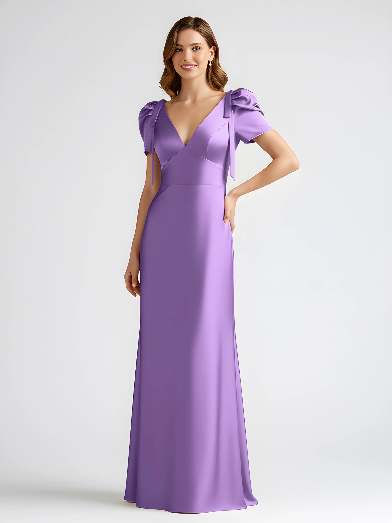 Bow-Detail Short Sleeve Satin Column Maxi Dress Tahiti - Image 3
