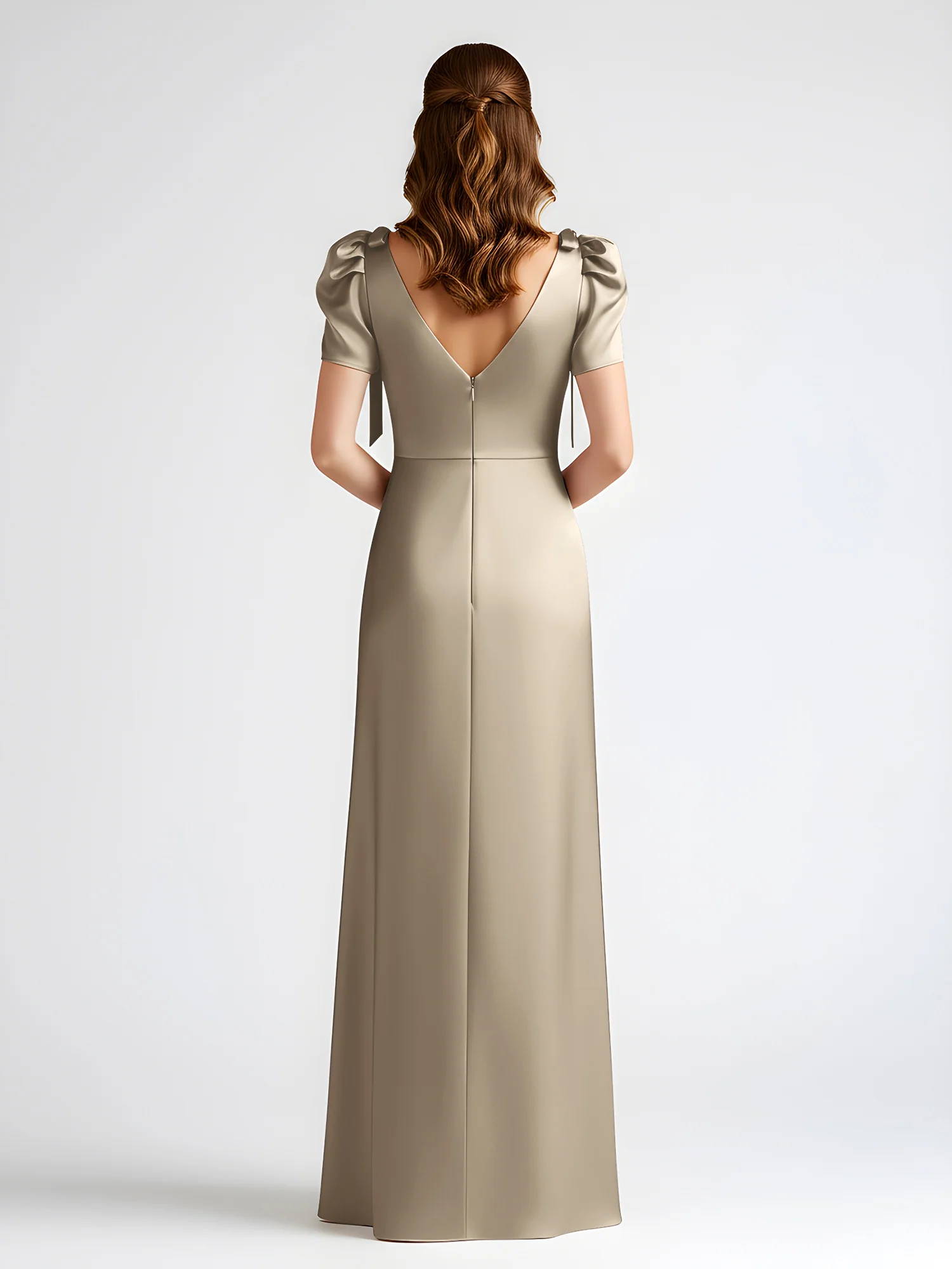 Bow-Detail Short Sleeve Satin Column Maxi Dress Taupe - Image 2