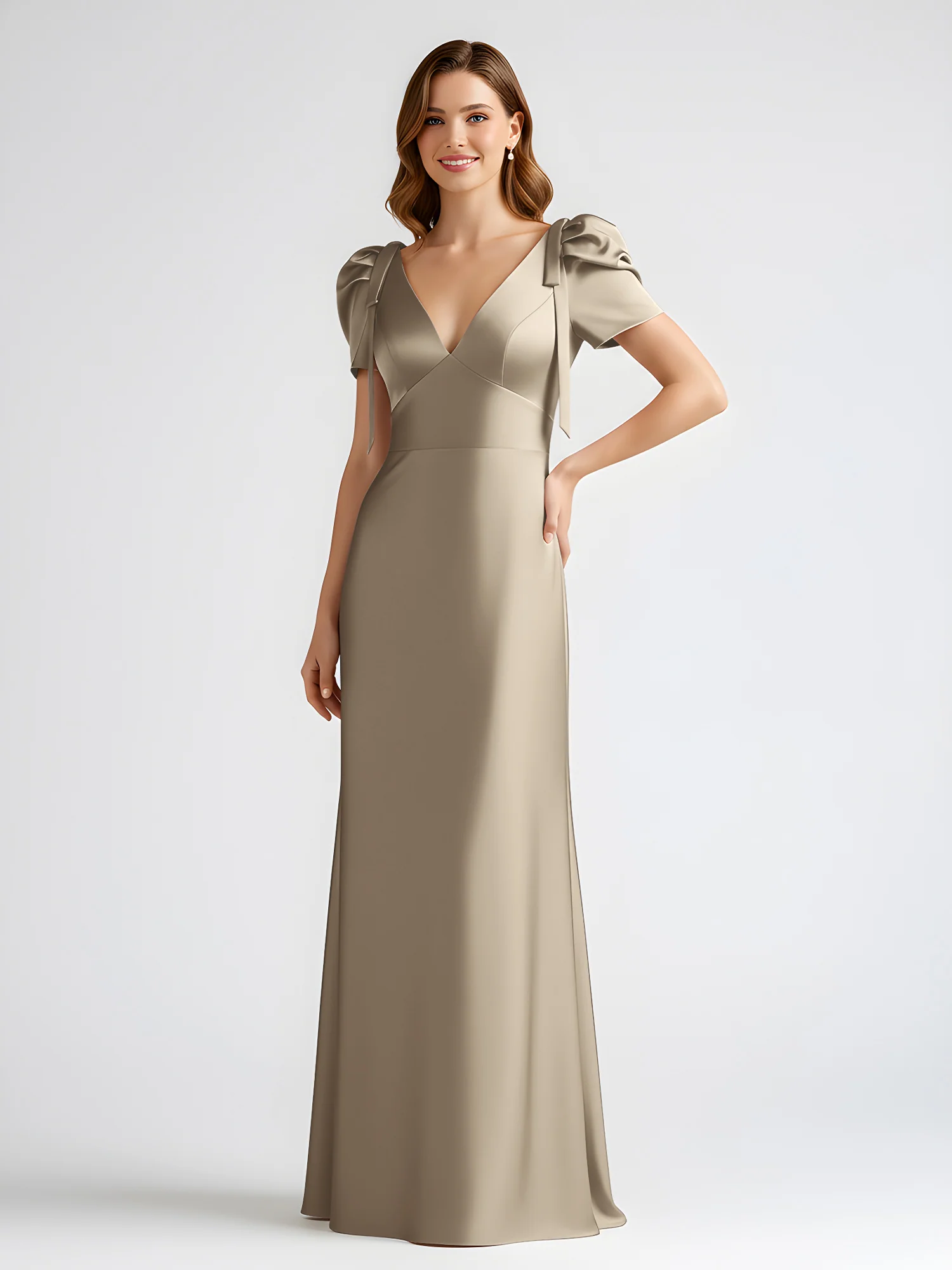 Bow-Detail Short Sleeve Satin Column Maxi Dress Taupe - Image 3