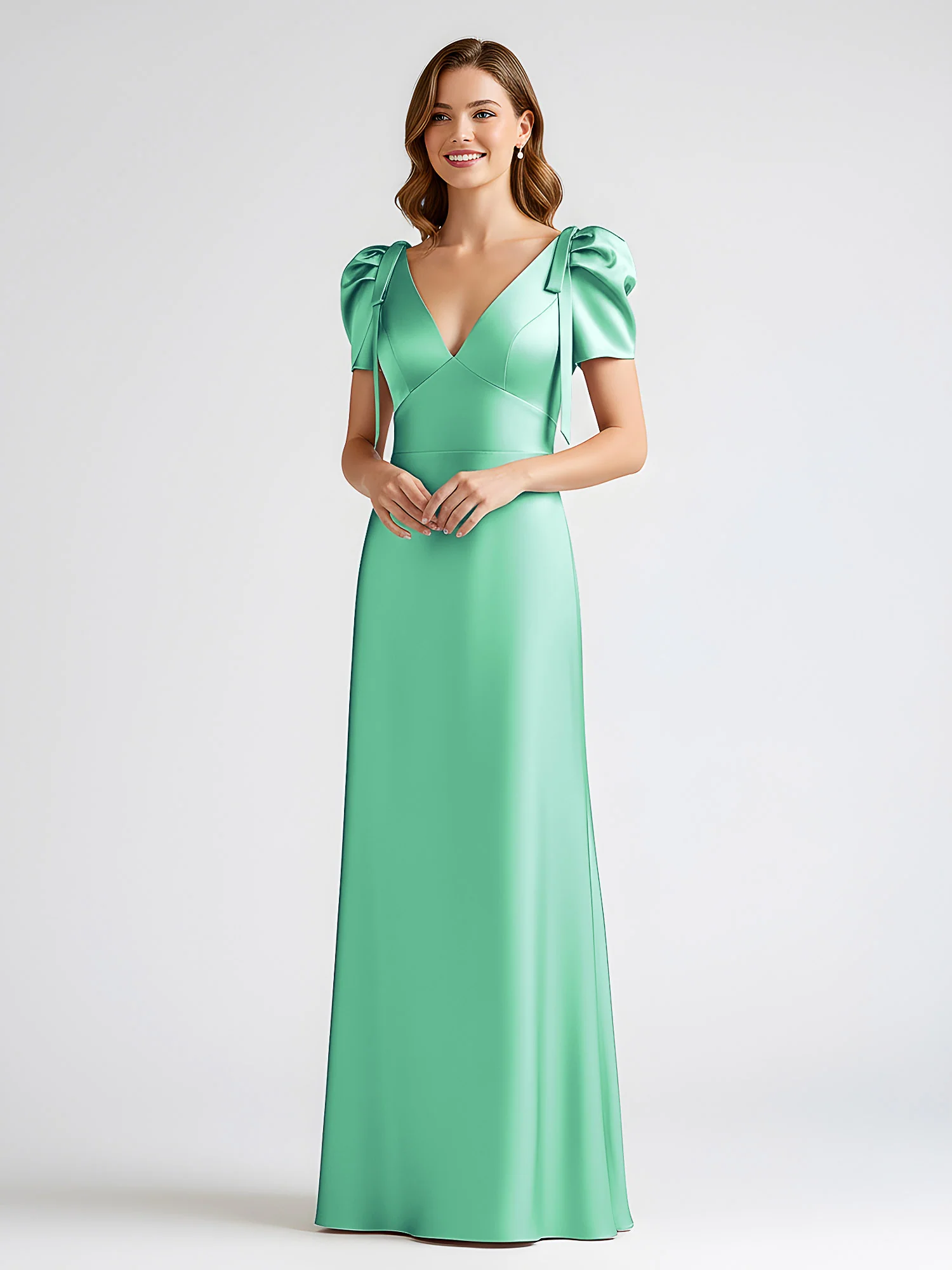 Bow-Detail Short Sleeve Satin Column Maxi Dress Turquoise