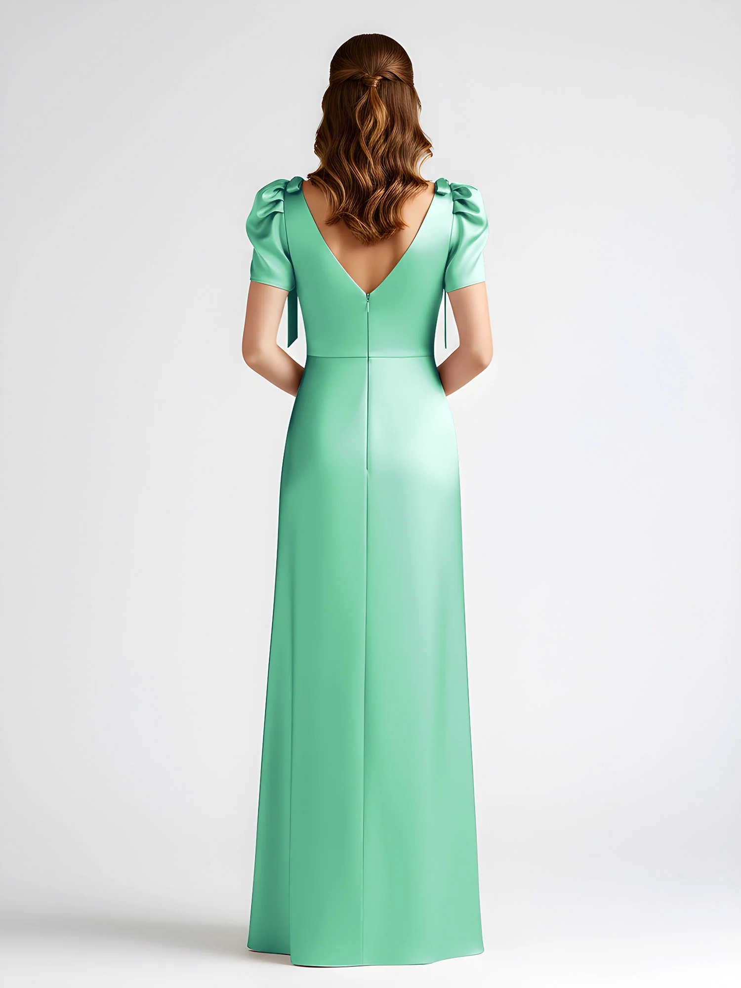 Bow-Detail Short Sleeve Satin Column Maxi Dress Turquoise - Image 2