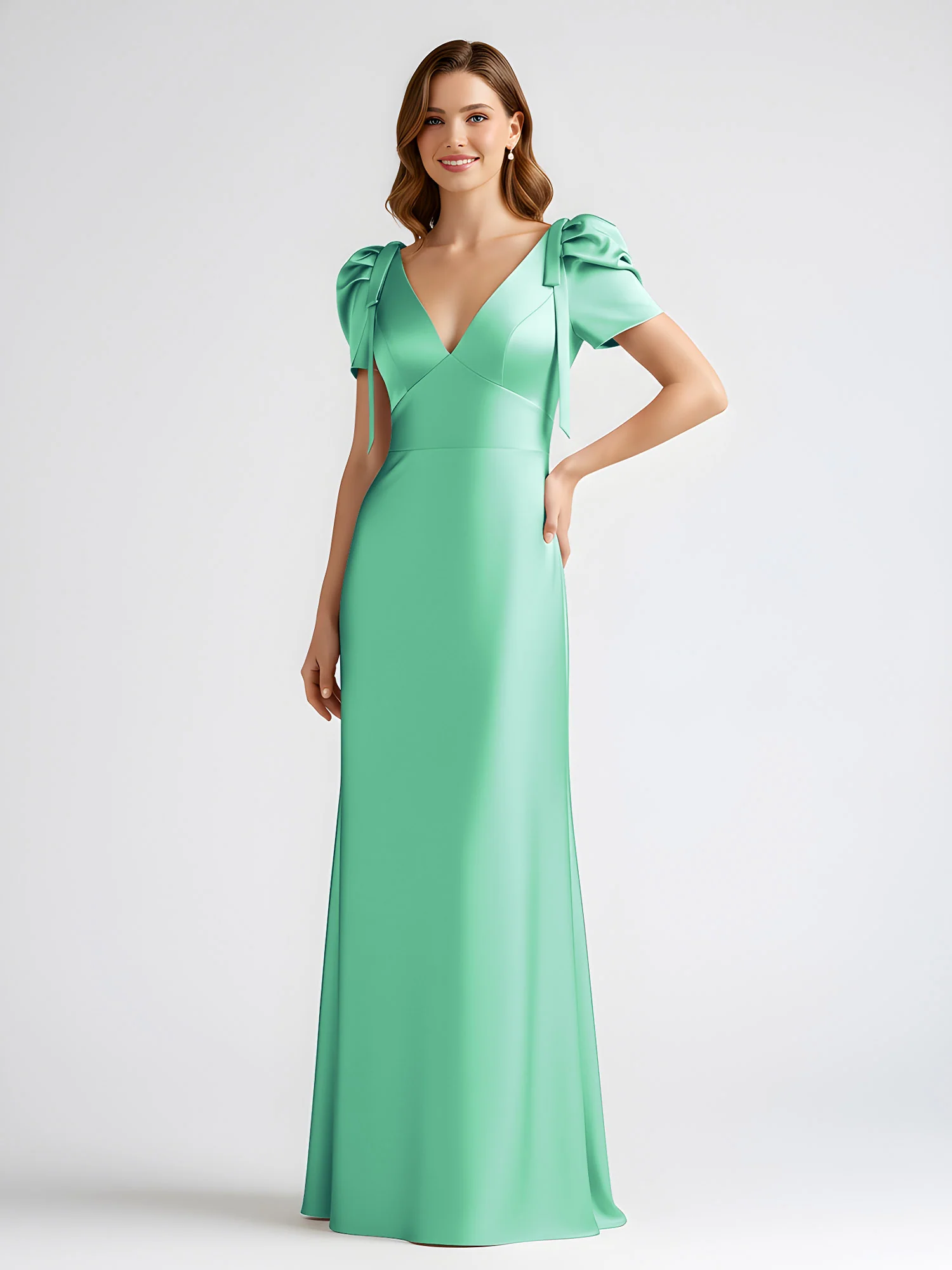 Bow-Detail Short Sleeve Satin Column Maxi Dress Turquoise - Image 3