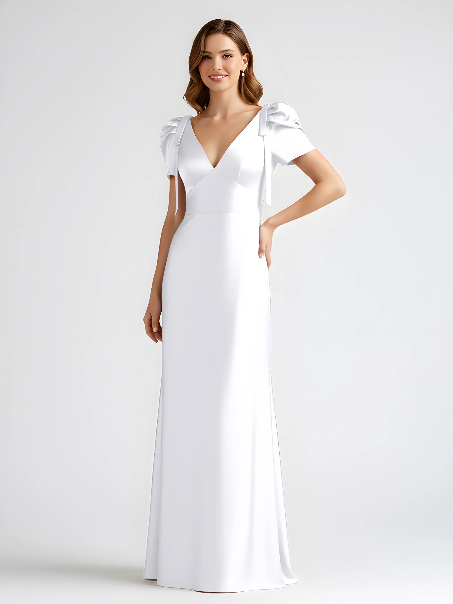 Bow-Detail Short Sleeve Satin Column Maxi Dress White - Image 3