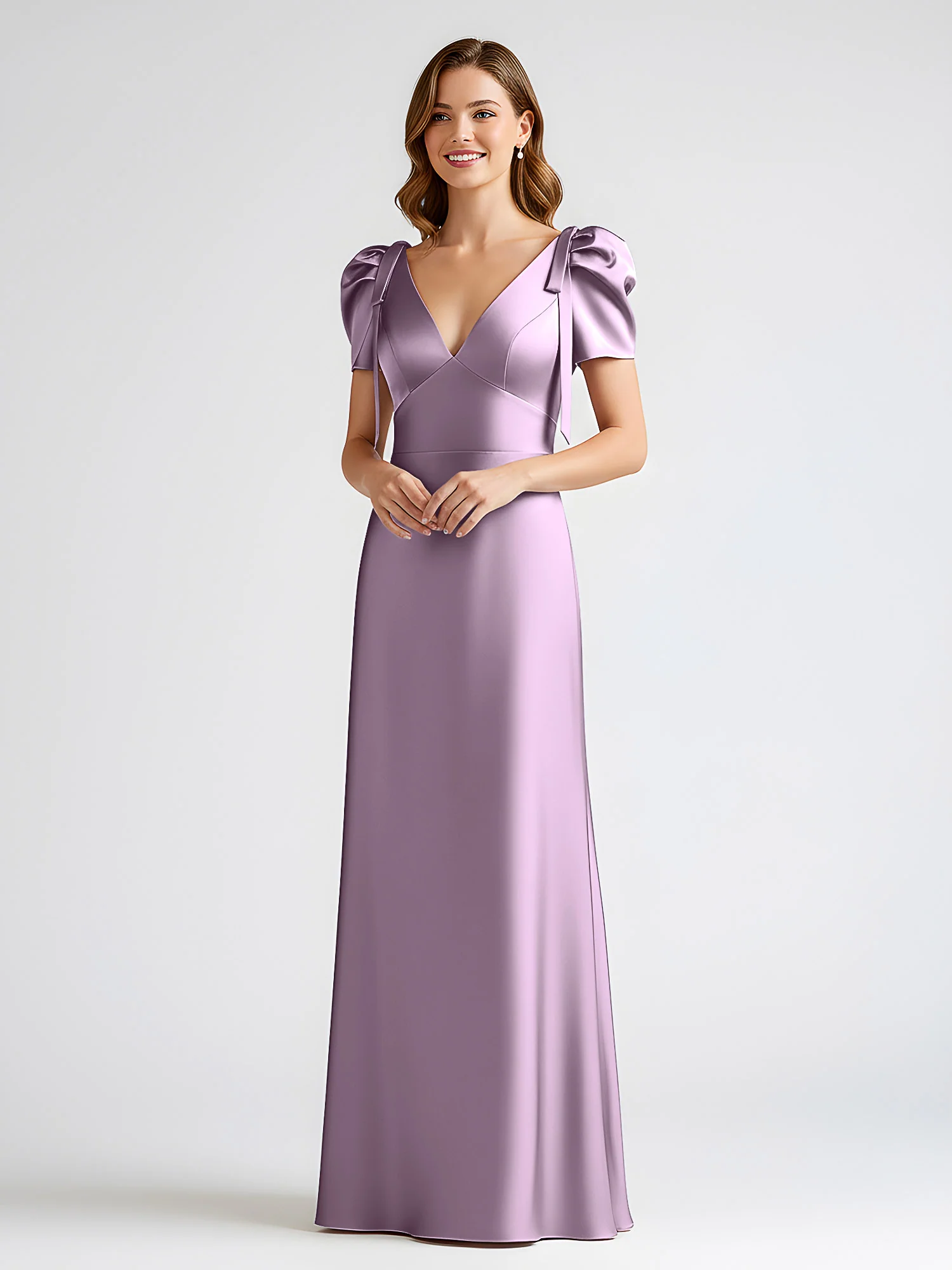 Bow-Detail Short Sleeve Satin Column Maxi Dress Wisteria