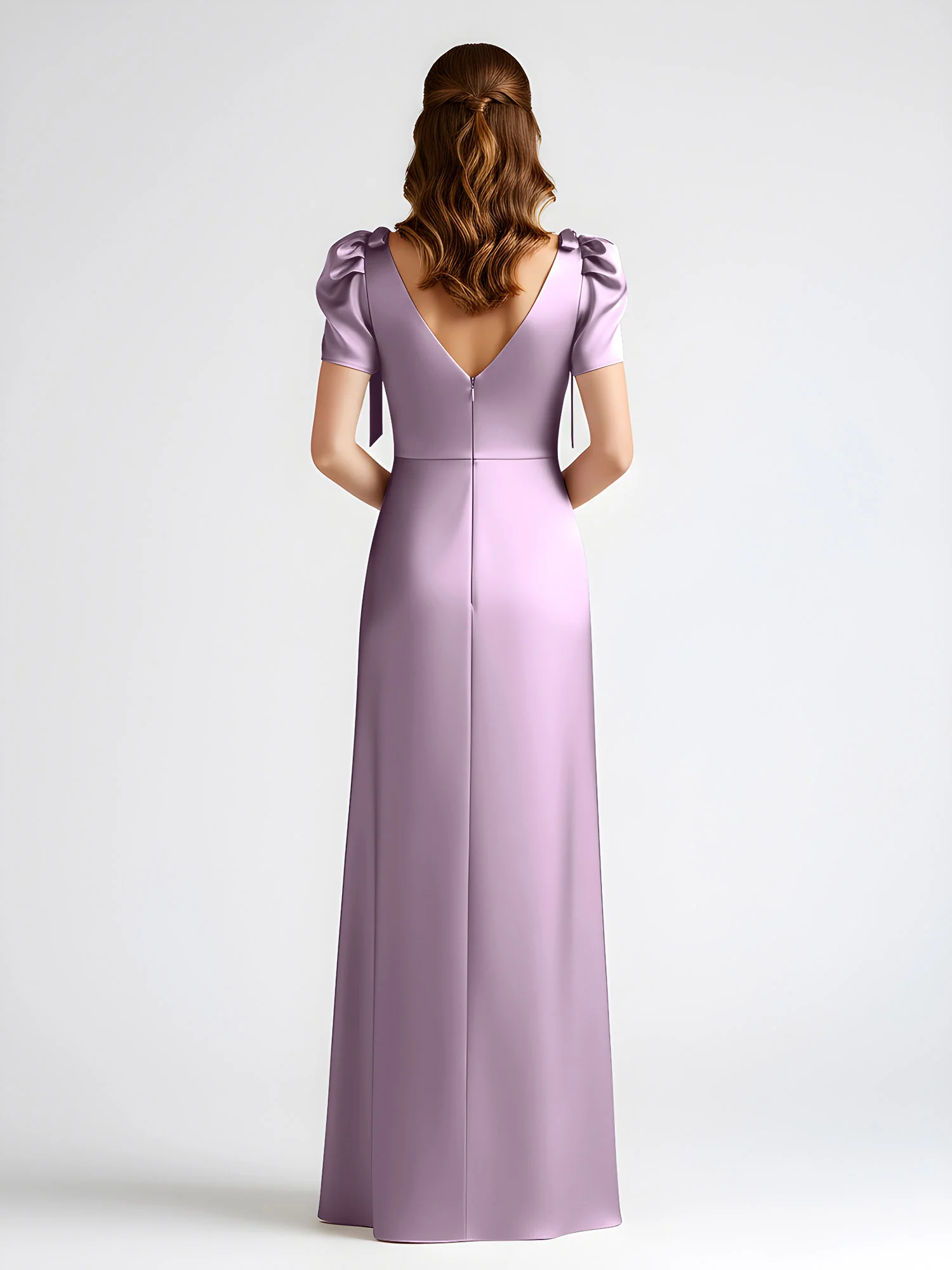 Bow-Detail Short Sleeve Satin Column Maxi Dress Wisteria - Image 2