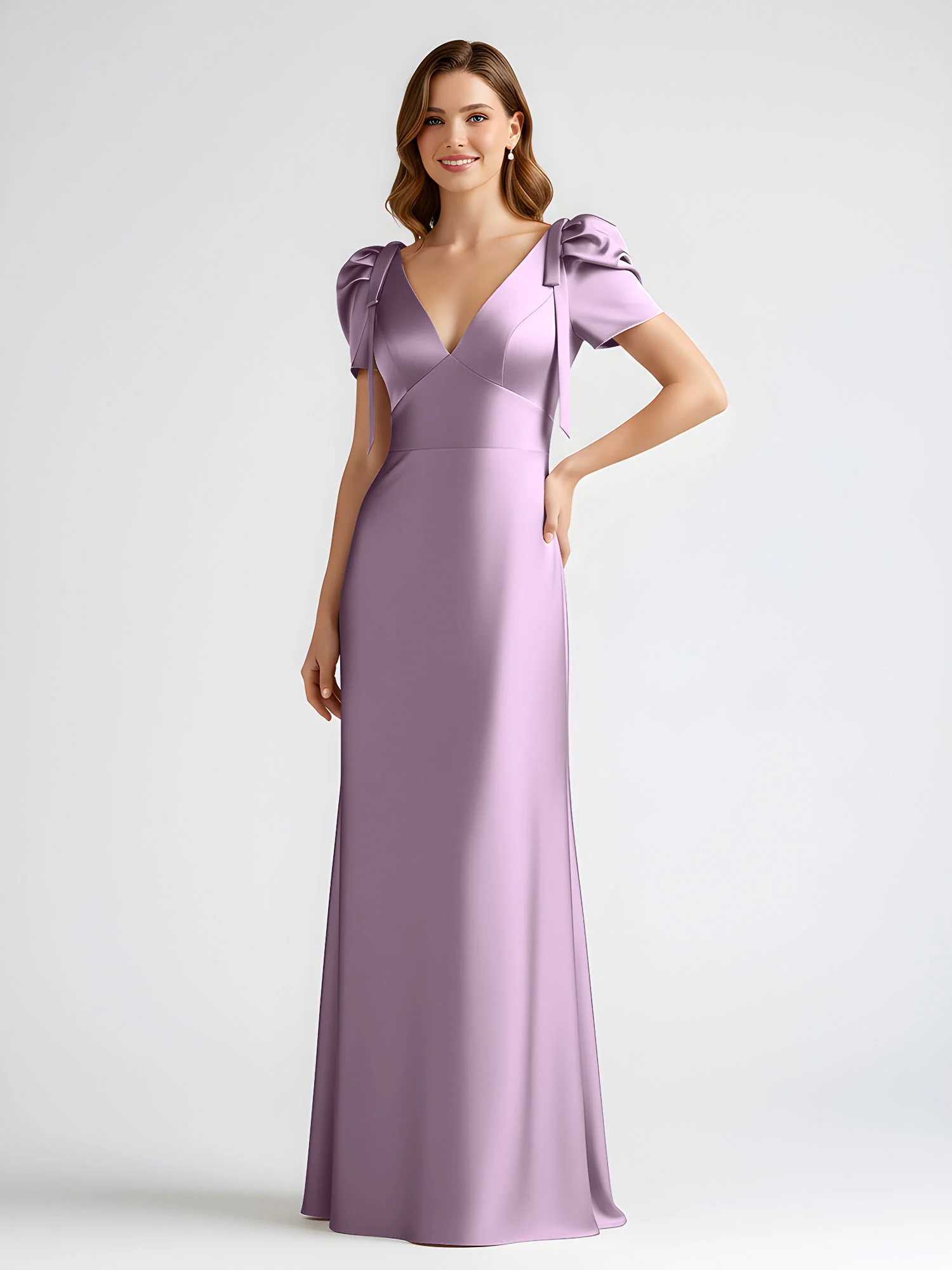 Bow-Detail Short Sleeve Satin Column Maxi Dress Wisteria - Image 3