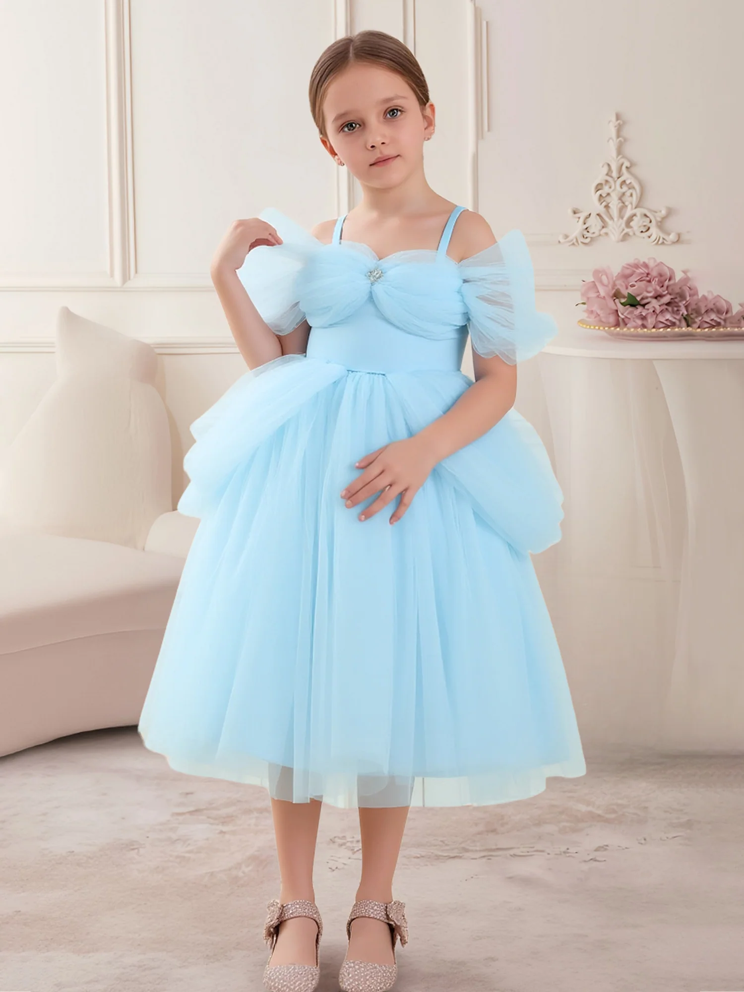 Off-Shoulder Tulle Flutter Sleeve Flower Girl Dress Sky Blue